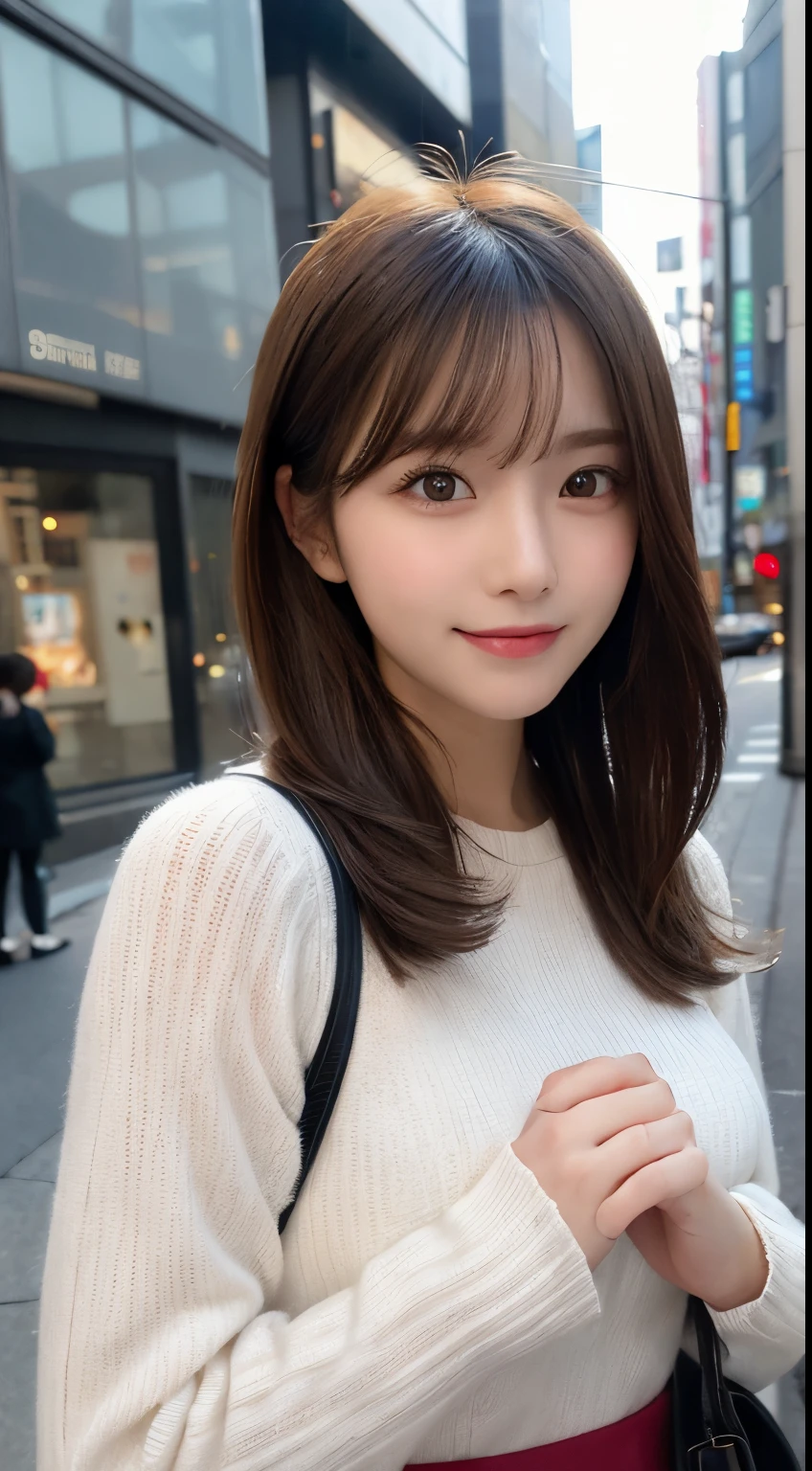 masutepiece, Best Quality, Illustration, Ultra-detailed, finely detail, hight resolution, 8K Wallpaper, Perfect dynamic composition, Beautiful detailed eyes, tokyo fashion(Fluffy long sleeves),Cute hairstyles,small tits,Natural Color Lip, Random cute poses of girls,Smile、20 years girl、Cute、sexy look at the camera,Blur the background,Slim face and body