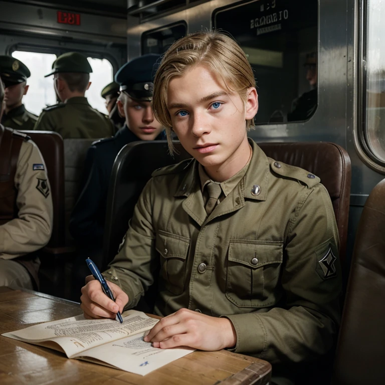 A young German WW2 soldier, , male, blonde, blue eyes, sitting on a train with multiple other WW2 German soldiers, writing a letter