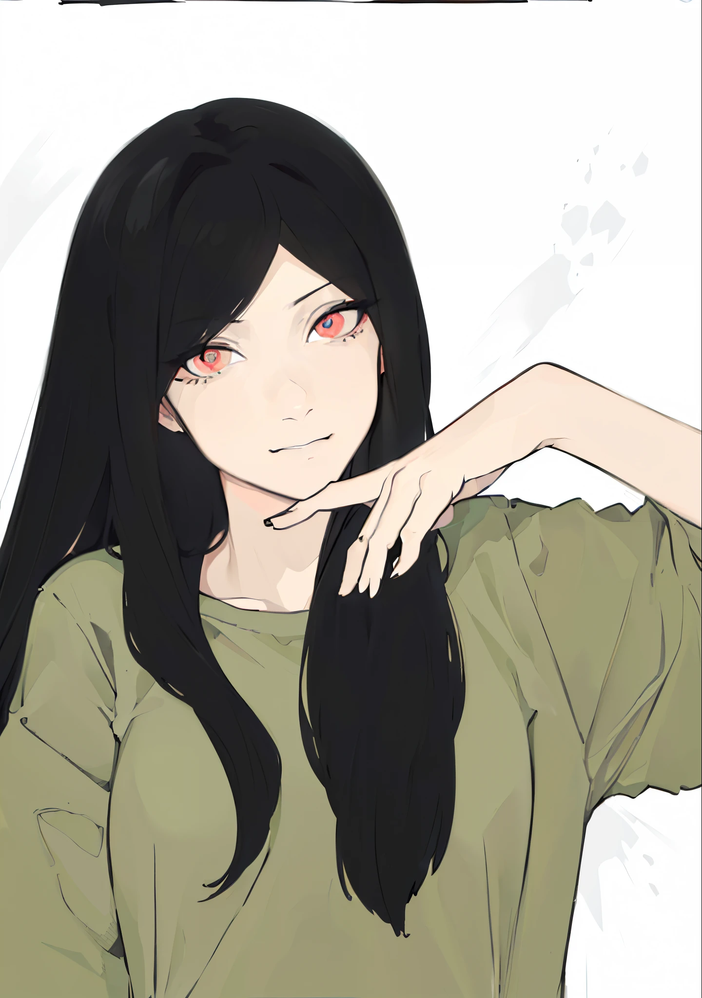 style of painting,(empty background),((Flat chest)),(Front Portrait), (Black and whature Women,((Microthorax)),(High cold),Hey, hey, smile,monochrome, blank stare, dead fish eyes, cool beauty,half lidded eyes, indifferent expression, black and white portrait, bored, impassive, loner,(Alone),Wispy bangs,Textured straight,Above the waist,((White Hair)),(Red Pupil),((White Shirt)),Shirt,Wispy bangs