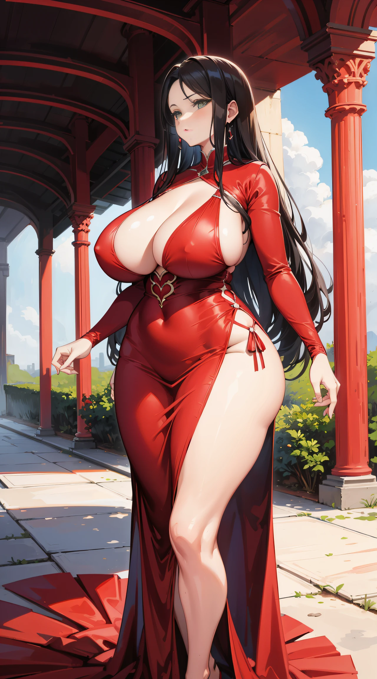 araffe woman in a red dress, magical outdoor location, lorena avarez, perfect body, green eyes, in a red dress, sexy red dress with massive slit in the centre revealing sexy legs, wearing a longv red dress, wearing a long red dress, tight dress, curvy hourglass figure, woman wears a long red dress, curvy model, long red dress, irina nordsol kuzmina, profile pic, curvy figure, huge breasts, tall, sexy pose.