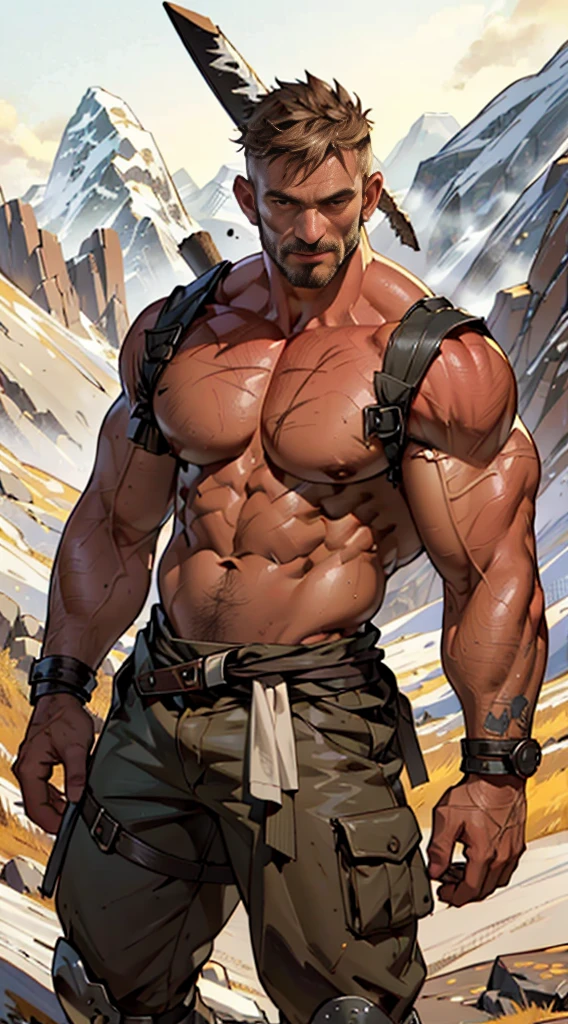 muscle barbarian, upper part of body, , Short and clean hair, Fine muscle texture, lifelike performance, 4K分辨率. Background with: Wild wilderness and rugged mountains,32k ULTRAHD, Best quality, tmasterpiece, super detailing, high detal