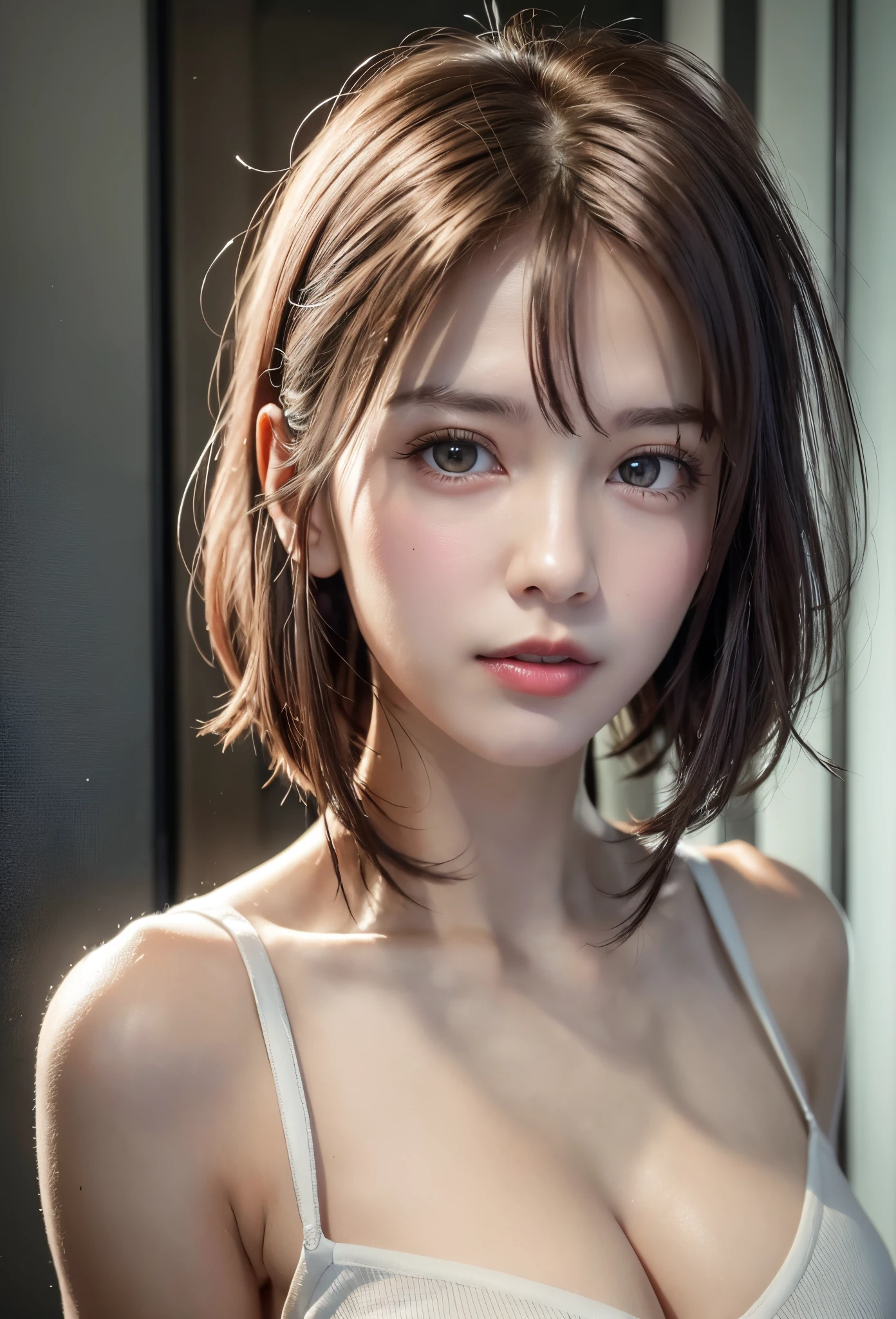 (8K, Photorealistic, Raw photo, of the highest quality: 1.3), (1girl in), Super beautiful, (Realistic face), (boyish, Silver Color Berry Shorthair), Beautiful , Glare that captivates the viewer, Beautiful expression, Beautiful breasts, (Realistic skin), Be...