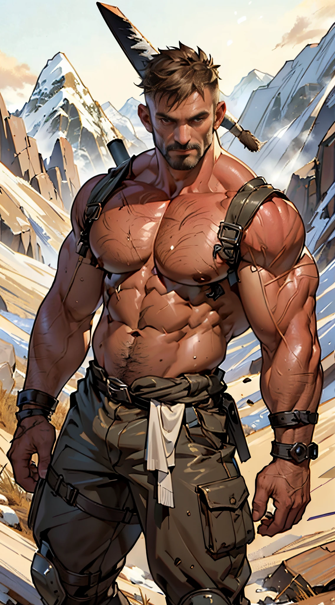 muscle barbarian, upper part of body, , Short and clean hair, Fine muscle texture, lifelike performance, 4K分辨率. Background with: Wild wilderness and rugged mountains,32k ULTRAHD, Best quality, tmasterpiece, super detailing, high detal