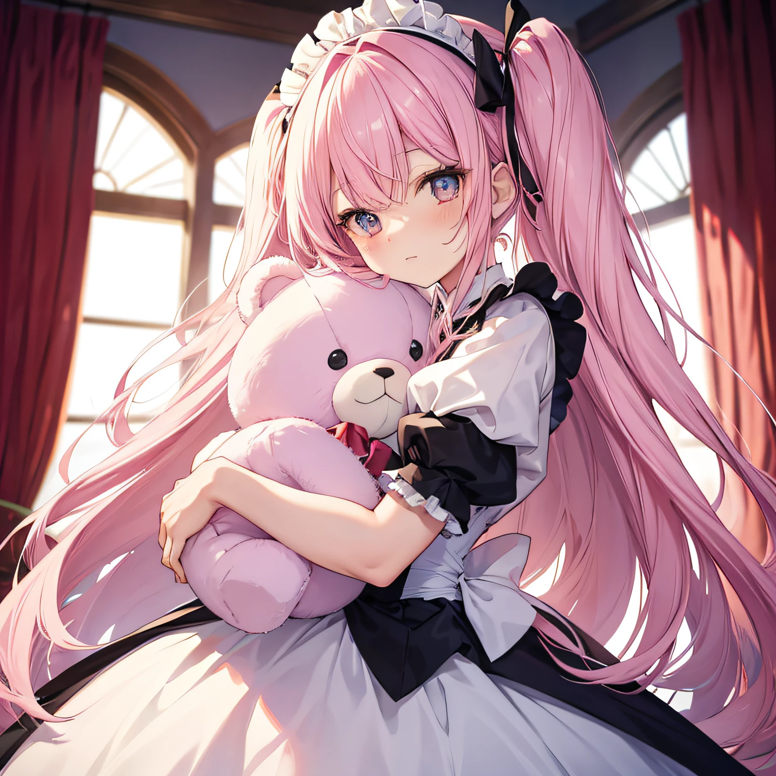 Pink hair, maid, huge tit, Long hair, twosideup, hugging a teddy bear, Lolita