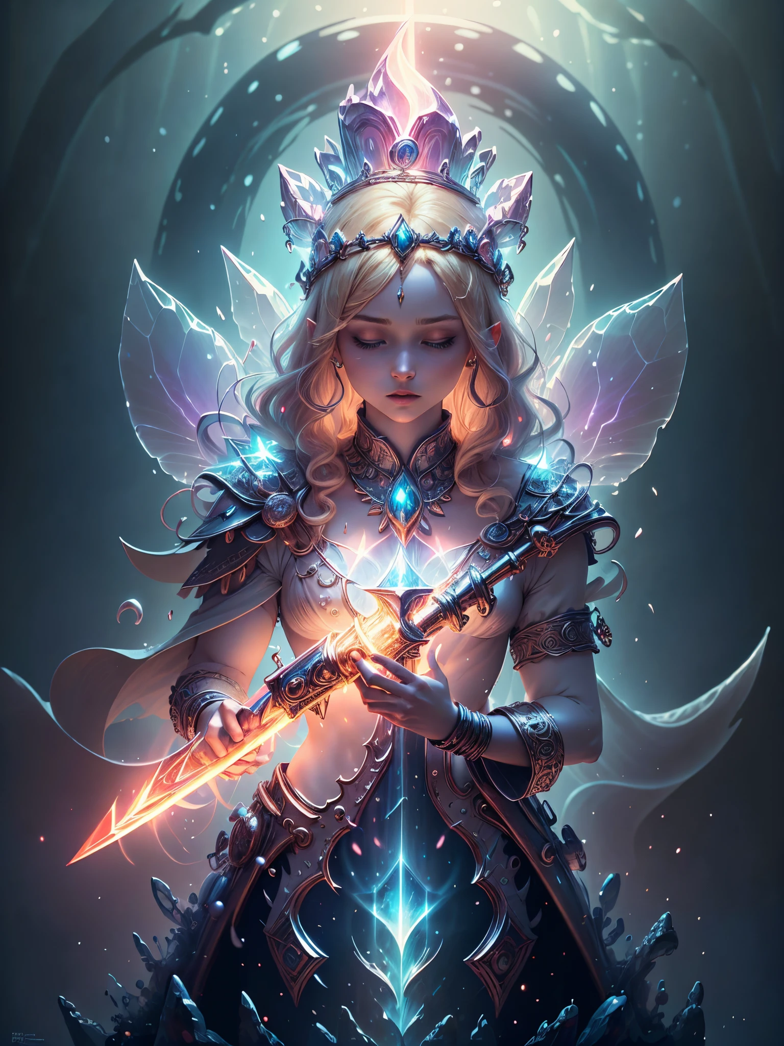 (best quality, highres, masterpiece:1.2), beautiful god of war, holding a bioluminescent sword, neon blond hair, soft light around his hair, wearing a crown, ultra-detailed, realistic, HDR, vivid colors, portraits, magical, ethereal lighting, magic robe, casting spells, mystical surroundings, enchanting atmosphere, mystical creatures, twinkling stars, dreamlike aura, 16K