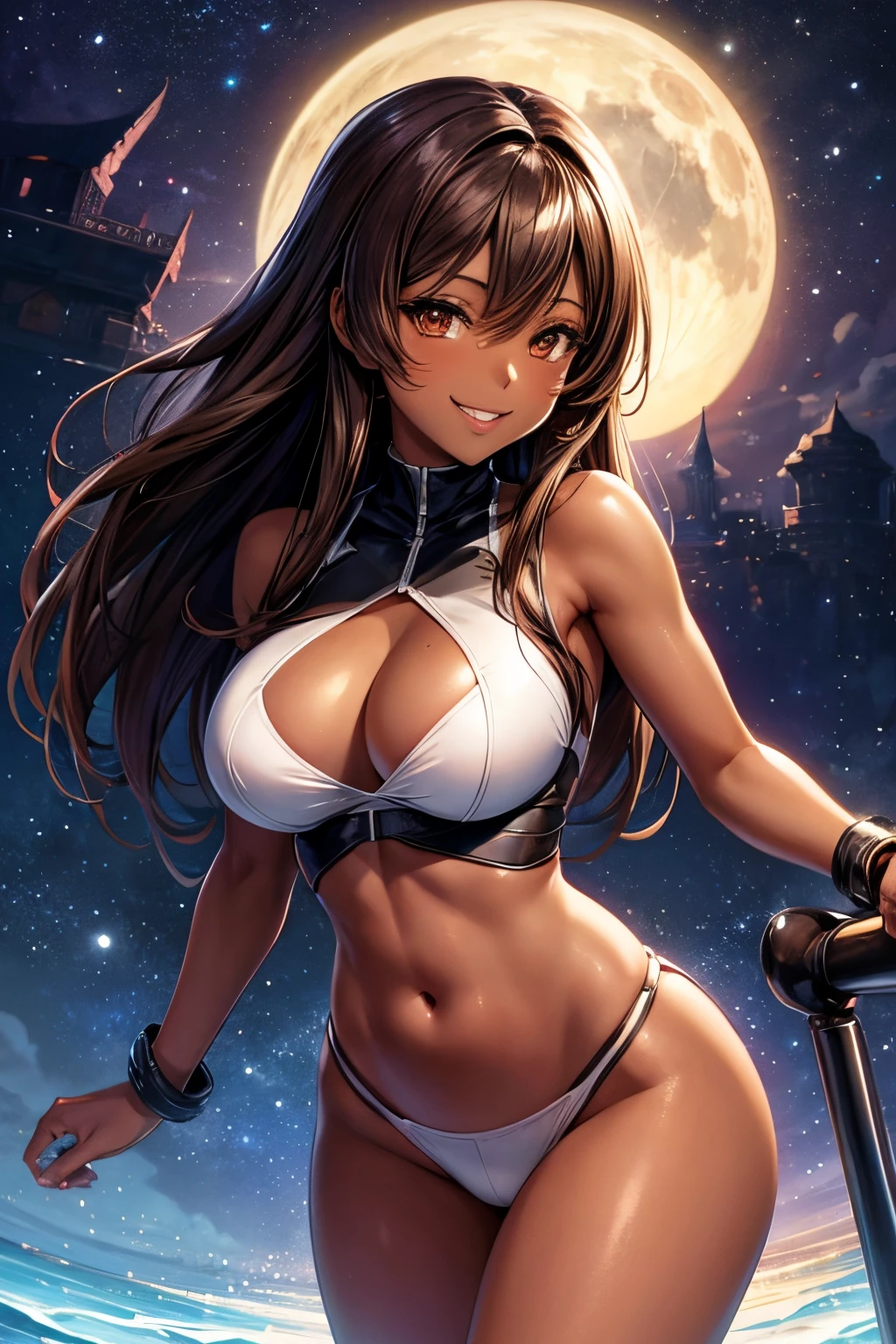 brown skinned hot sexy smiling anime girl dark night