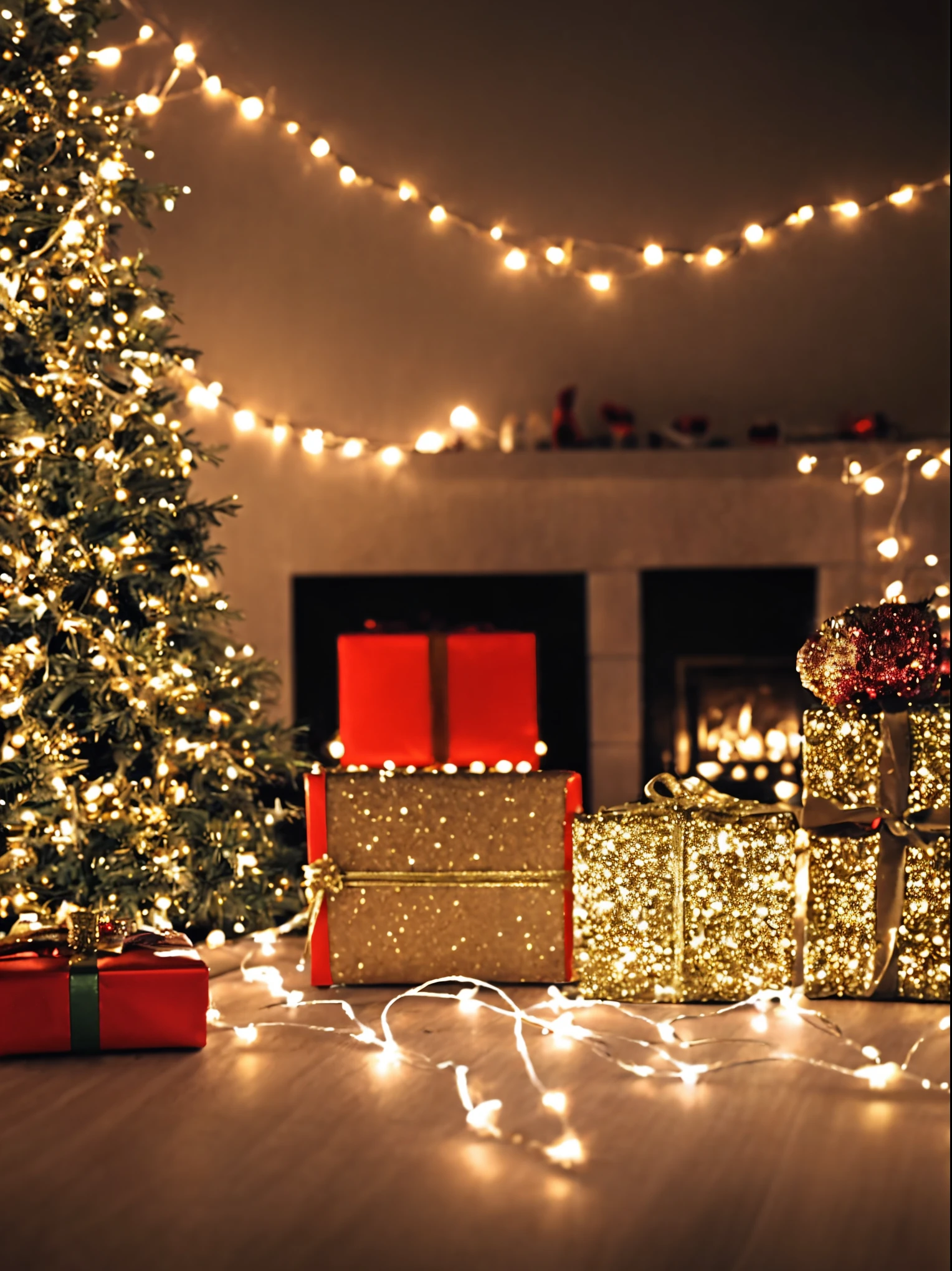 (best quality,4k,8k,highres,masterpiece:1.2),ultra-detailed,realistic,gifts,table,Christmas tree,decorations,wrapping ,bows,ribbon,presents,holiday spirit,vibrant colors,warm lighting,cozy atmosphere,toys,cards,candles,snowflakes,joyful,celebration,exquisite details,exciting surprises,shiny ornaments,sparkling tinsel,beautifully wrapped,excited children,anticipation,festive mood,magical ambiance,delightful moment,wonderful memories,family gathering,cheerful faces,Christmas magic,extravagant,abundance of presents,HDR,UHD,studio lighting,ultra-fine painting,sharp focus,physically-based rendering,professional,vivid colors,bokeh.