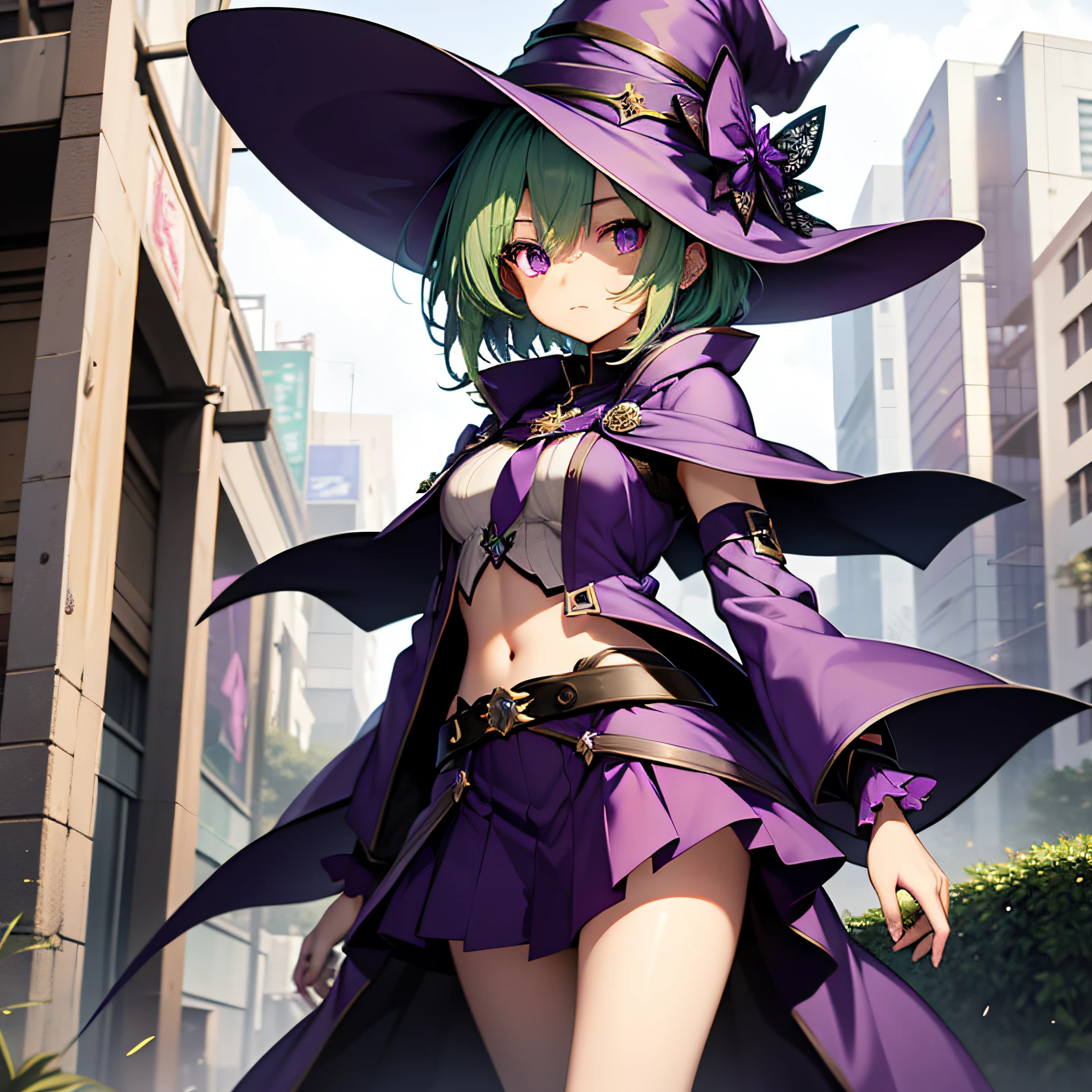 top-quality、extremely delicate and beautiful、(A teenage girl)、Purple Eye、Green hair、short-haired、(purple witch hat)、Purple tie、Soio、shortsleeves、Purple skirt、Purple Wizard Robe、Navel、is standing、Facing the front、