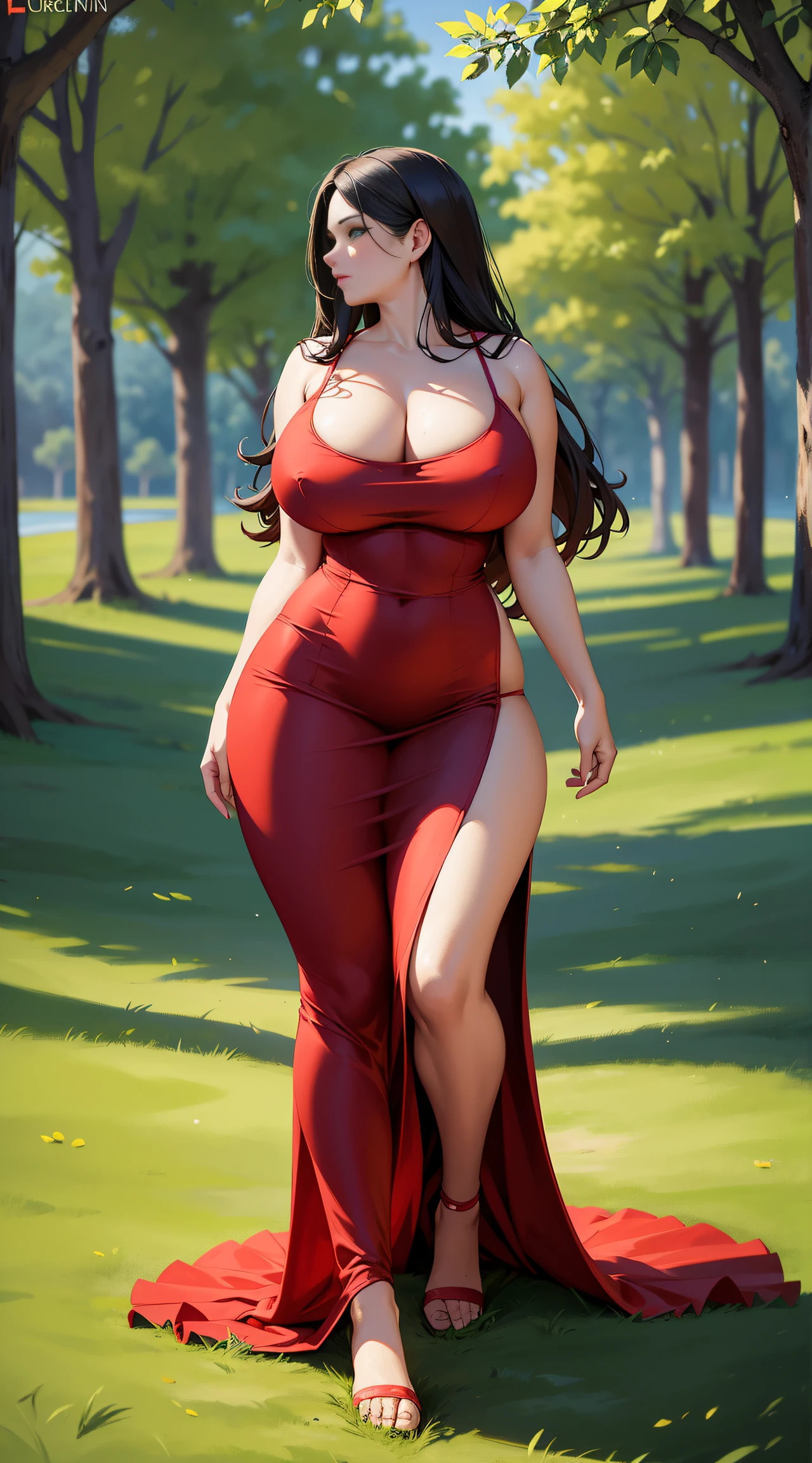 araffe woman in a red dress, magical outdoor location, lorena avarez, perfect body, green eyes, in a red dress, sexy red dress with massive slit in the centre revealing sexy legs, wearing a longv red dress, wearing a long red dress, tight dress, curvy hourglass figure, woman wears a long red dress, curvy model, long red dress, irina nordsol kuzmina, profile pic, curvy figure, huge breasts, tall, sexy pose.