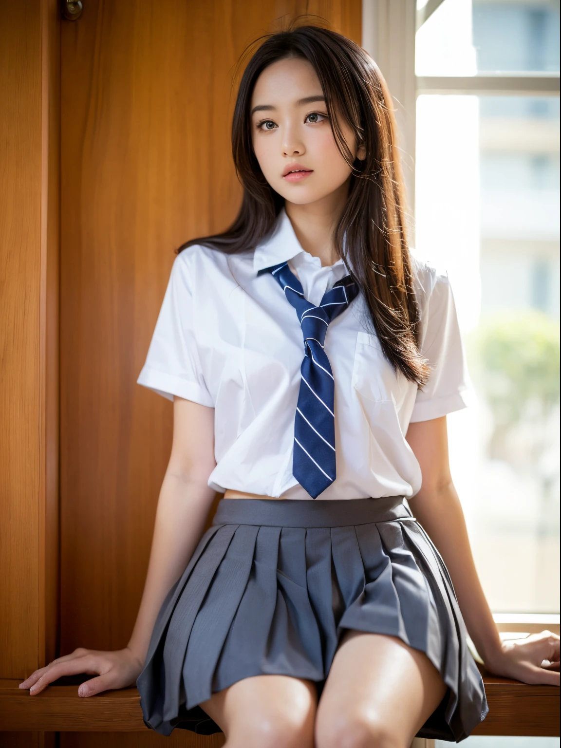 (1girl in), Brown hair, Amazing face and eyes, Pink eyes, (High school uniform with wide open chest:1.4), Beautiful big breasts, bared chest, (amazingly beautiful girl), Brown hair, (High School Uniform, Pleated mini-skirt:1.5), ((Best Quality)), (Ultra-detailed), (extremely detailed CG unified 8k wallpaper), Highly detailed, High-definition raw color photos, Professional Photography, Sitting, ((Please spread your legoke))), depth of fields, (View from below:1.2),