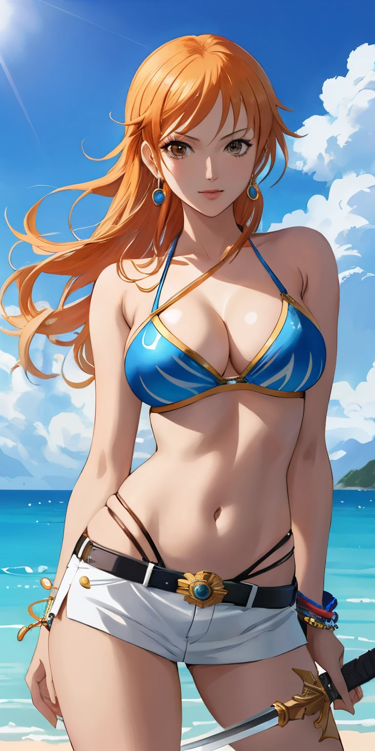 An arafe woman wearing a bikini top and super miniskirt and holding a sword, nami one piece, beautiful portrait of nami, Nami of one piece,Nami in super miniskirt, Detailed Digital Anime Art, Cute exirobat showing white pants, Very detailed ArtGerm haha, deviantart artstation cgscosiety, realistic bikini, Swimsuit, fanart best artstation, ArtGerm. high detailing