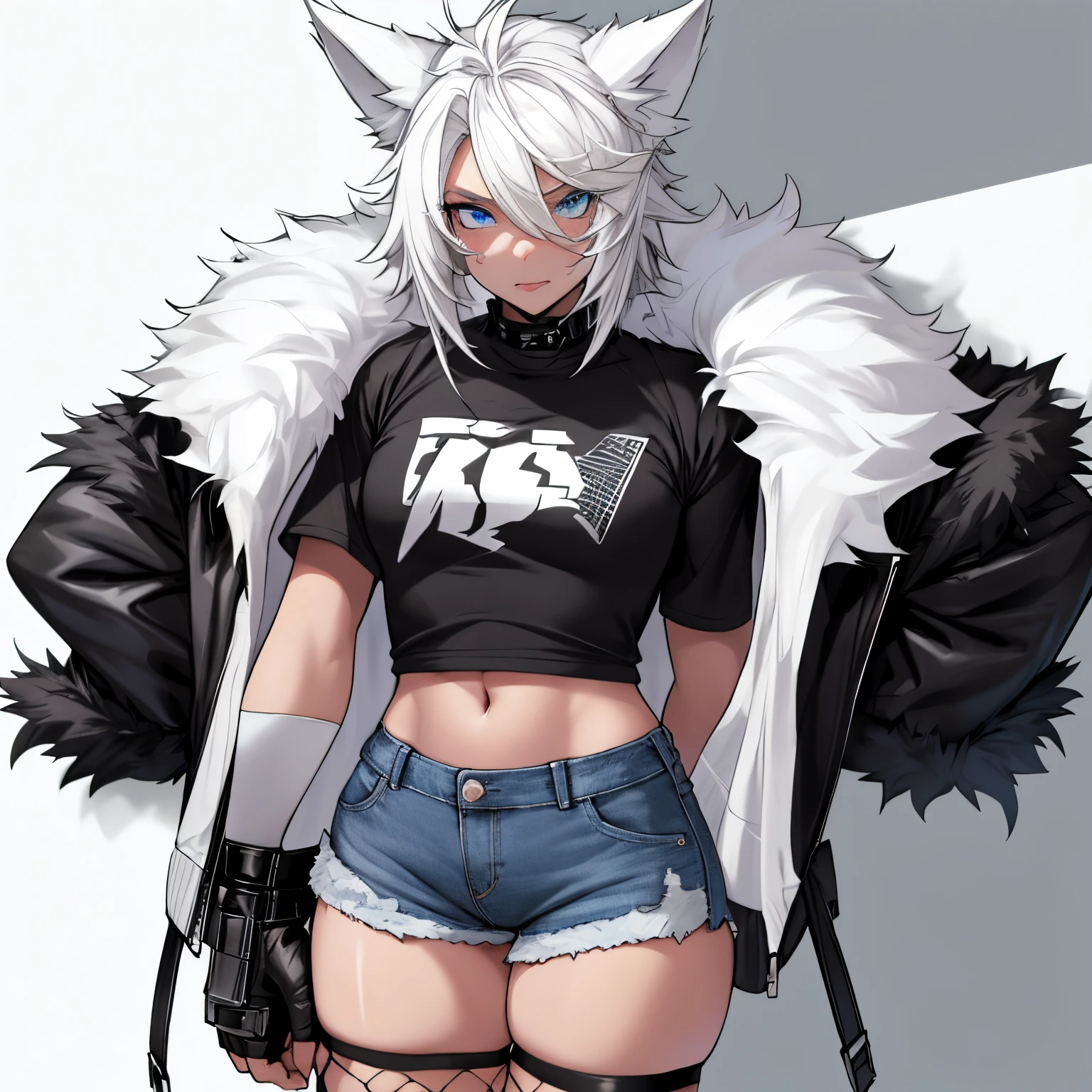 Single boy, Anime Femboy, Short, Long white hair, wolf ears, wolf tail, blue eyes, wearing short denim shorts, thigh high fishnets, black combat boots, wearing fur lined open jacket, flat chest, super flat chest, wearing cropped t-shirt, solo femboy, only one femboy ((FLAT CHEST)) solo, alone, (SOLO)(ALONE) thicc thighs, wide hips, blue eyes, perfect eyes, perfect face, pouty lips, happy