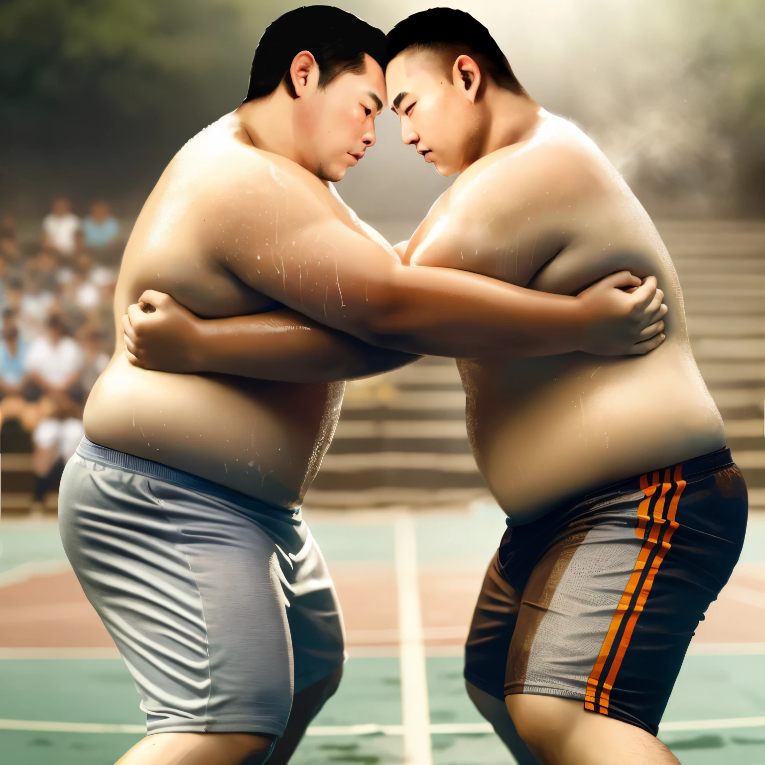 There are two men wrestling in the stadium，The crowd is watching, ruan jia and fenghua zhong, author：Fei Danxu, sumo japanese, Morbily obese, fatness, Cheng Zhengkui, big and fat, fatness ), struggle, alessio albi and shin jeongho, super heavy, struggle, author：Easy in the crown