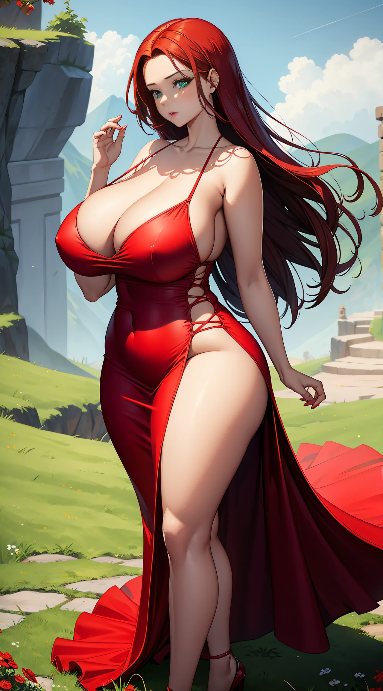 araffe woman in a red dress, magical outdoor location, lorena avarez, perfect body, green eyes, in a red dress, sexy red dress with massive slit in the centre revealing sexy legs, wearing a longv red dress, wearing a long red dress, tight dress, curvy hourglass figure, woman wears a long red dress, curvy model, long red dress, irina nordsol kuzmina, profile pic, curvy figure, huge breasts, tall, sexy pose.