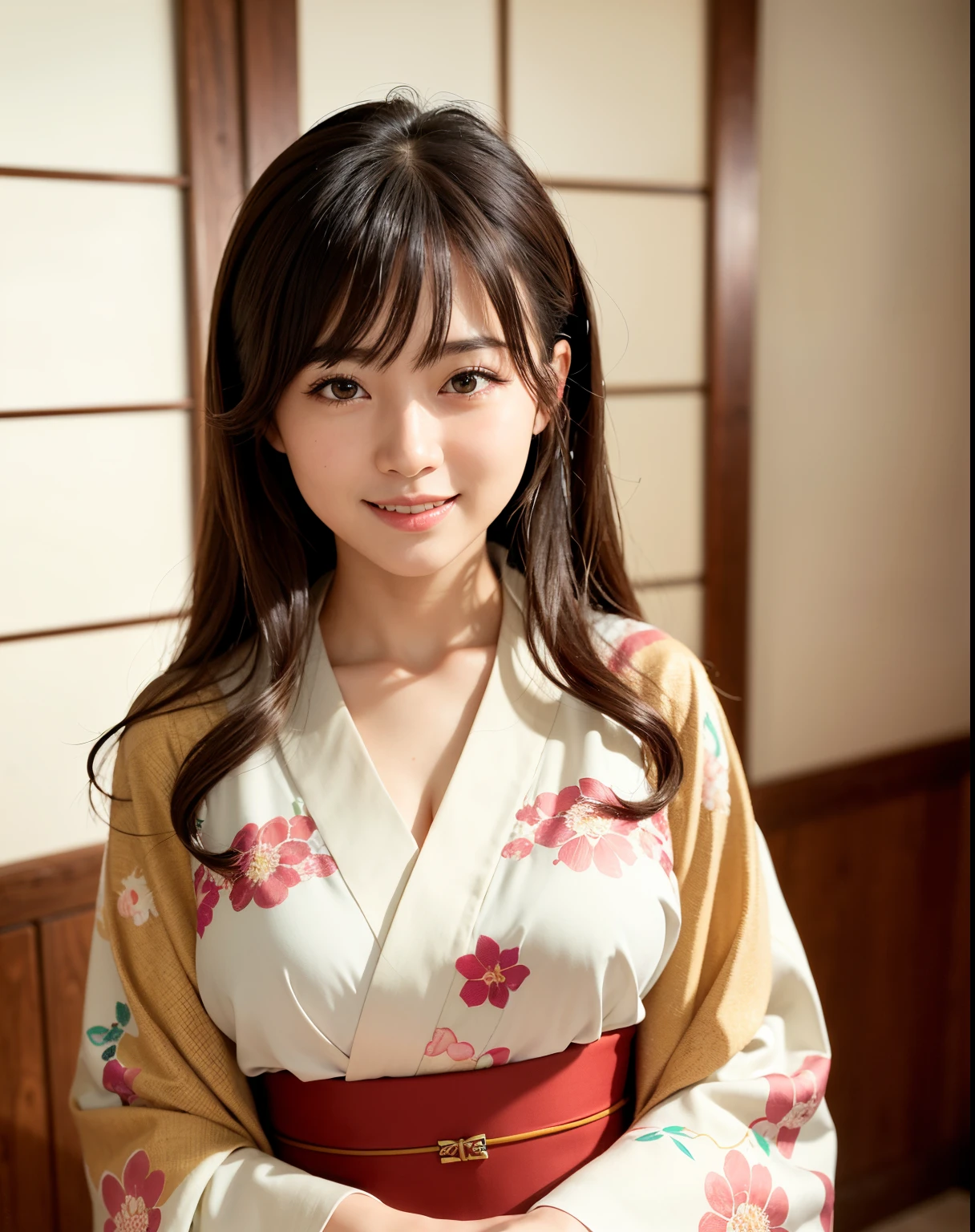 best quality, face focus, (depth of field) ,ultra high res, (photorealistic:1.4), RAW photo, Japanese-style room, alcove, hanging scroll
(portrait:1.4)
1japanese girl, solo, cute, smile, (brown eyes), natural face, (midi hair),
(kimono:1.5)