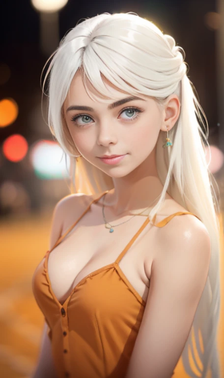 ultra realistic 8k cg, masterpiece, ((ultra detailed background, delicate pattern, intricate detail)), (highly detailed, fine details), best quality, (photorealistic:1.4),beautiful lighting, absurdres, RAW photo, film grain, ((medium breasts, slim girl)), Yamato, long hair, 1girl, horns, white hair, solo, oni, red horns, curled horns, hair ornament, (multicolored horns), jewelry, earrings, japanese clothes, kimono, hair stick, sleeveless, bare shoulders, aqua hair, sidelocks, hoop earrings, hakama, smile, wide smile, ((orange eyes, slim girl, medium breasts)), (complex detailed background, barren land, moon, portrait, whole body),