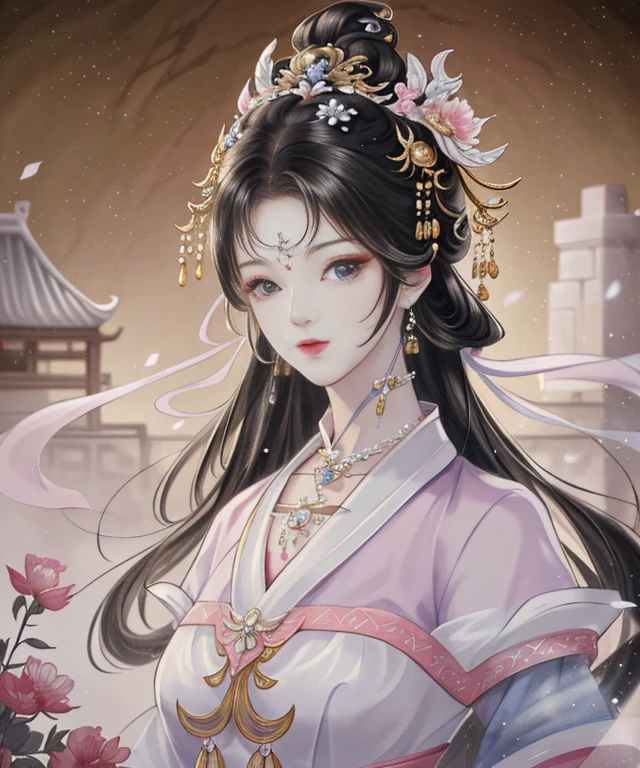 Best quality at best、tmasterpiece、A high resolution、1个Giant Breast Girl、Porcelain dress、hair adornments、choker necklace、jewely、Extremely beautiful face、Physical、dingdall effect、realistically、shadow studio、edge lit、bicolor lighting、(highdetailskin:1.2)、8k ultra high definition、SLR camera、Soft lighting、high high quality、volumettic light、、photore、A high resolution、4K、8K、The background is blurred,Ancient courtyard background