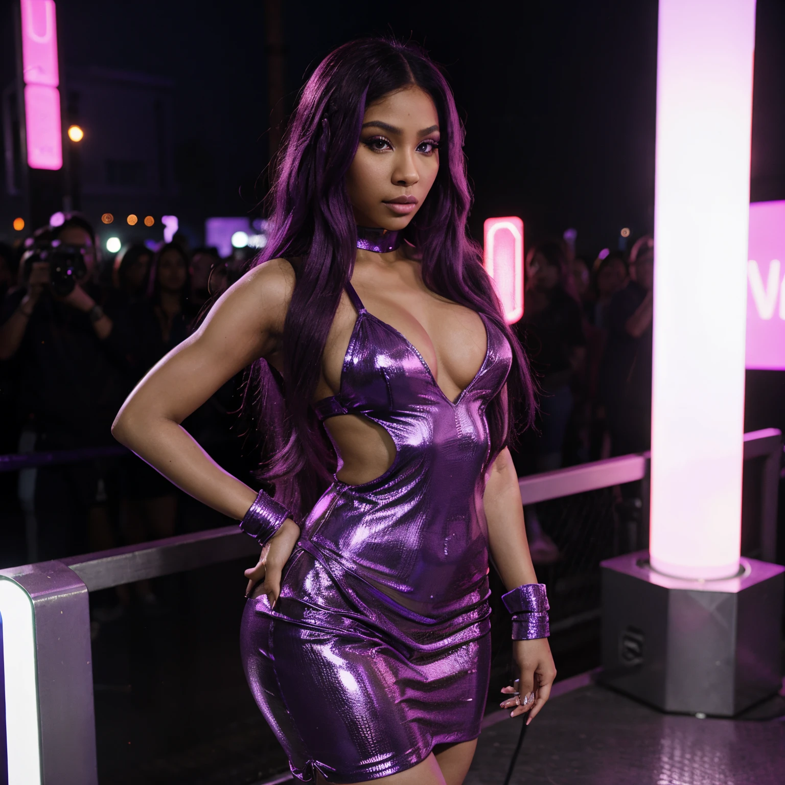 Nicki Minaj, purple outfit, long purple hair, neon lights