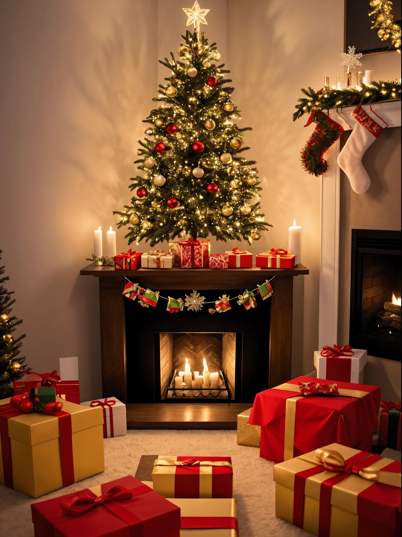 (best quality,4k,8k,highres,masterpiece:1.2),ultra-detailed,realistic,gifts,table,Christmas tree,decorations,wrapping ,bows,ribbon,presents,holiday spirit,vibrant colors,warm lighting,cozy atmosphere,toys,cards,candles,snowflakes,joyful,celebration,exquisite details,exciting surprises,shiny ornaments,sparkling tinsel,beautifully wrapped,excited children,anticipation,festive mood,magical ambiance,delightful moment,wonderful memories,family gathering,cheerful faces,Christmas magic,extravagant,abundance of presents,HDR,UHD,studio lighting,ultra-fine painting,sharp focus,physically-based rendering,professional,vivid colors,bokeh.