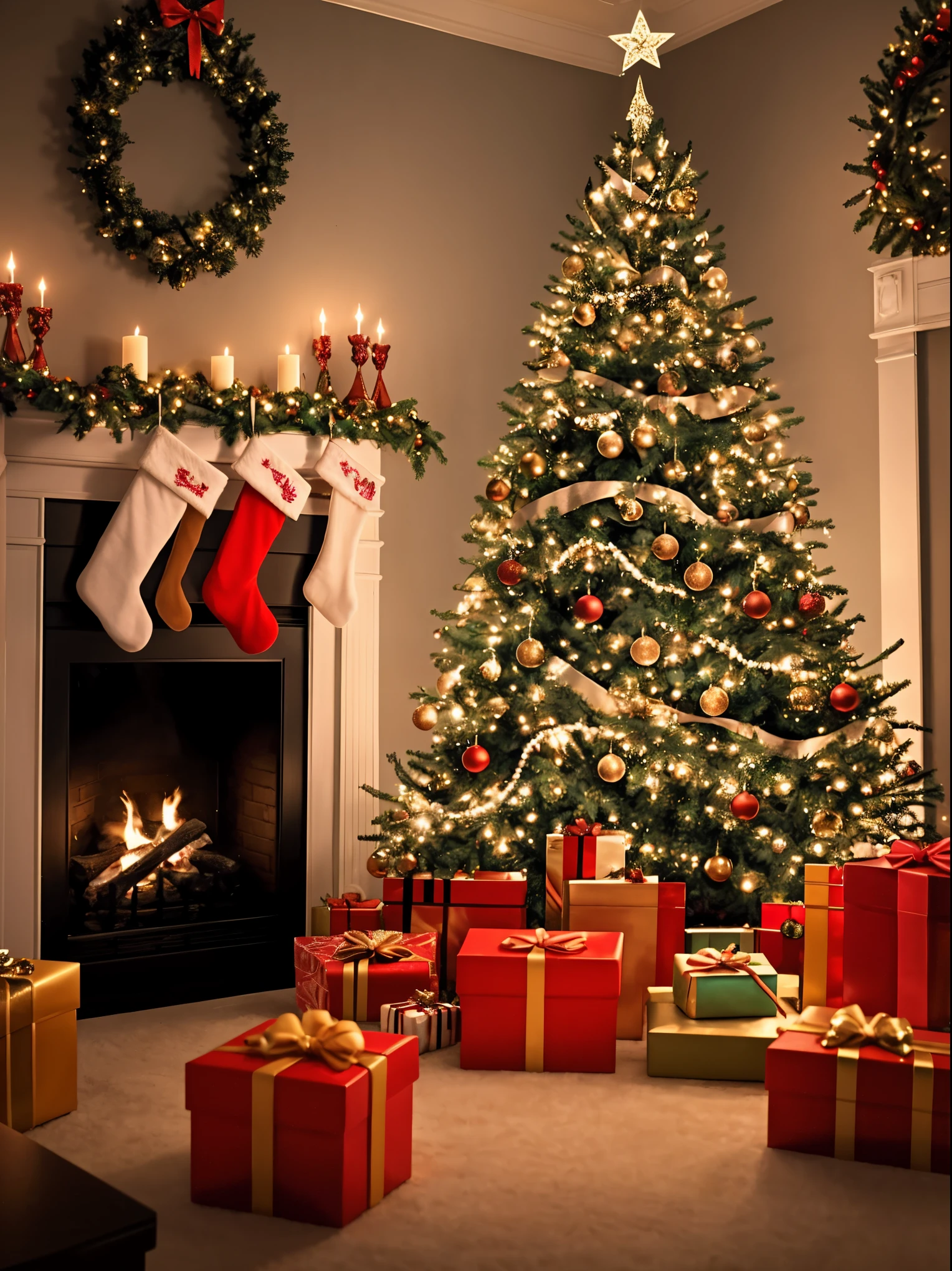 (best quality,4k,8k,highres,masterpiece:1.2),ultra-detailed,realistic,gifts,table,Christmas tree,decorations,wrapping ,bows,ribbon,presents,holiday spirit,vibrant colors,warm lighting,cozy atmosphere,toys,cards,candles,snowflakes,joyful,celebration,exquisite details,exciting surprises,shiny ornaments,sparkling tinsel,beautifully wrapped,excited children,anticipation,festive mood,magical ambiance,delightful moment,wonderful memories,family gathering,cheerful faces,Christmas magic,extravagant,abundance of presents,HDR,UHD,studio lighting,ultra-fine painting,sharp focus,physically-based rendering,professional,vivid colors,bokeh.