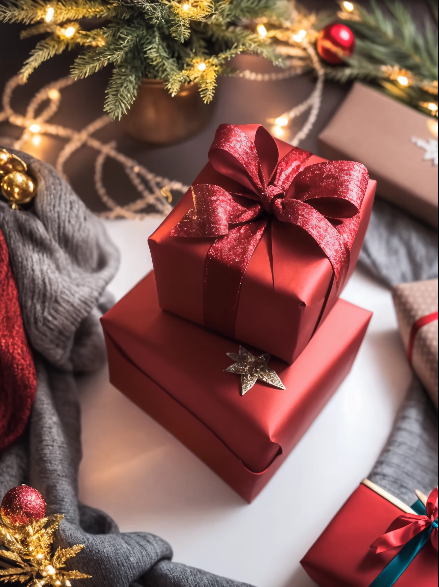 (best quality,4k,8k,highres,masterpiece:1.2),ultra-detailed,realistic,gifts,table,Christmas tree,decorations,wrapping ,bows,ribbon,presents,holiday spirit,vibrant colors,warm lighting,cozy atmosphere,toys,cards,candles,snowflakes,joyful,celebration,exquisite details,exciting surprises,shiny ornaments,sparkling tinsel,beautifully wrapped,excited children,anticipation,festive mood,magical ambiance,delightful moment,wonderful memories,family gathering,cheerful faces,Christmas magic,extravagant,abundance of presents,HDR,UHD,studio lighting,ultra-fine painting,sharp focus,physically-based rendering,professional,vivid colors,bokeh.