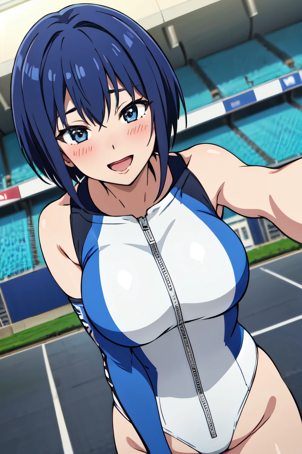 michirutojo, masterpiece, Looking at Viewer,
blue hair, large breasts,

racing suit,
Wink, Smile, Open mouth, blush,