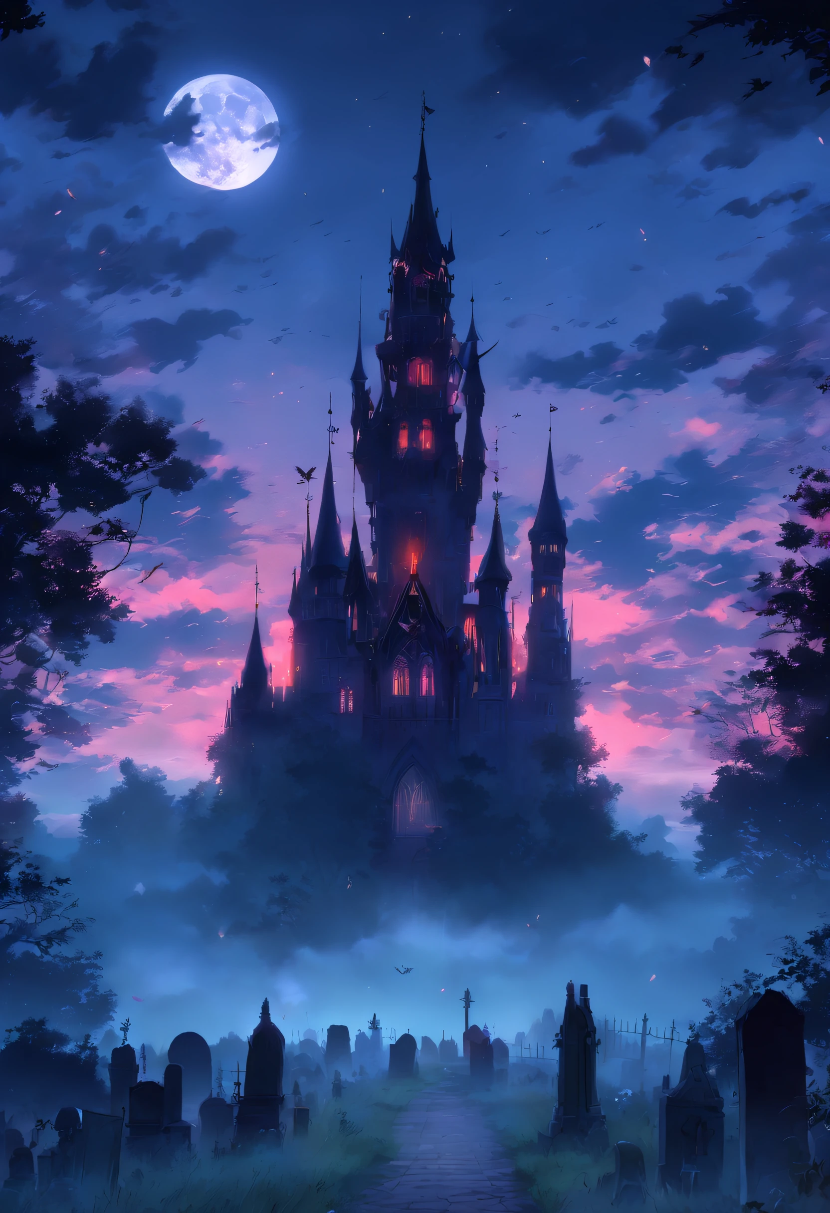 Gothic castle in the distance、a moon、nearby cemetery、foggy part，a sense of atmosphere，terror，Bat fly，dimly lit