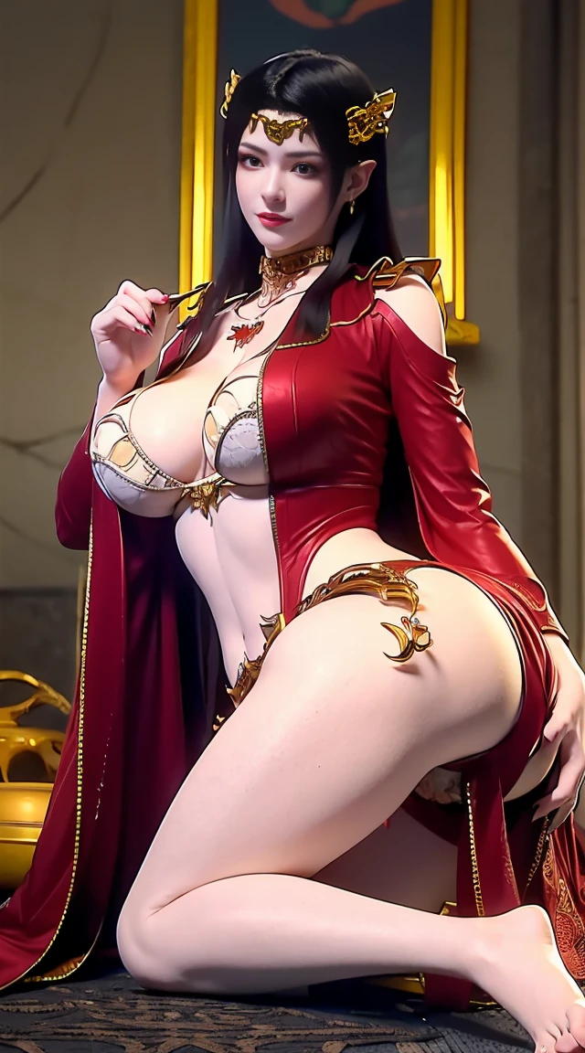 A brunette one,Sexy beauty with dark eyes,There is a thin chain around his neck,Crawl forward on all fours(Place your hands in front,feet behind,Very high motor coordination Extremely high precision)while crawling, She looks up at you, The smile is very endearing.,Huge plump buttocks raised high,Wearing sexy gold suspender hollow thong,The whole buttocks is exposed,Thong stuck in crack,Plump tits filled with milk(Slight sagging),Pubic hair shows through,chest view