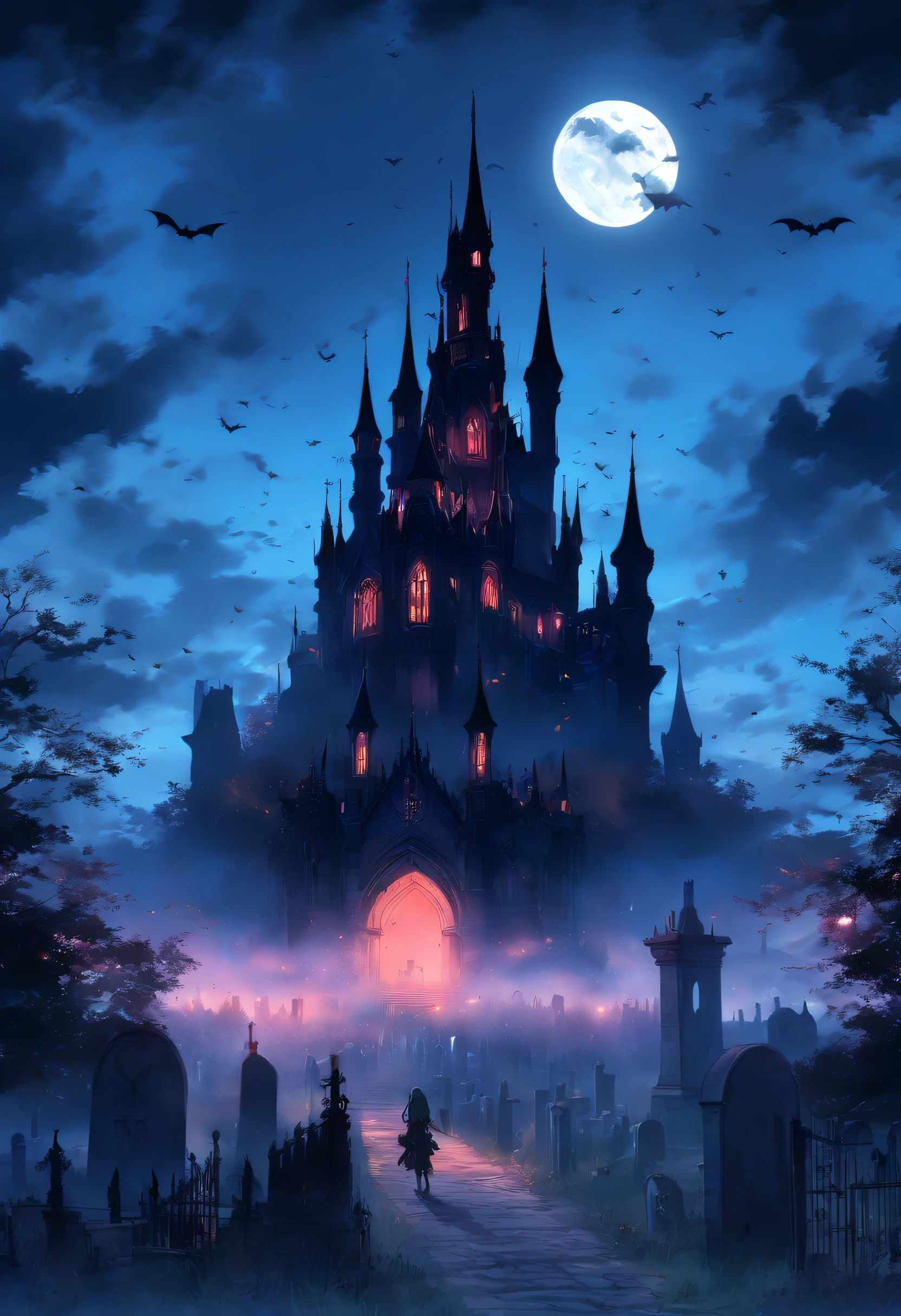 Gothic castle in the distance、a moon、nearby cemetery、foggy part,a sense of atmosphere,terror,Bat fly,dimly lit