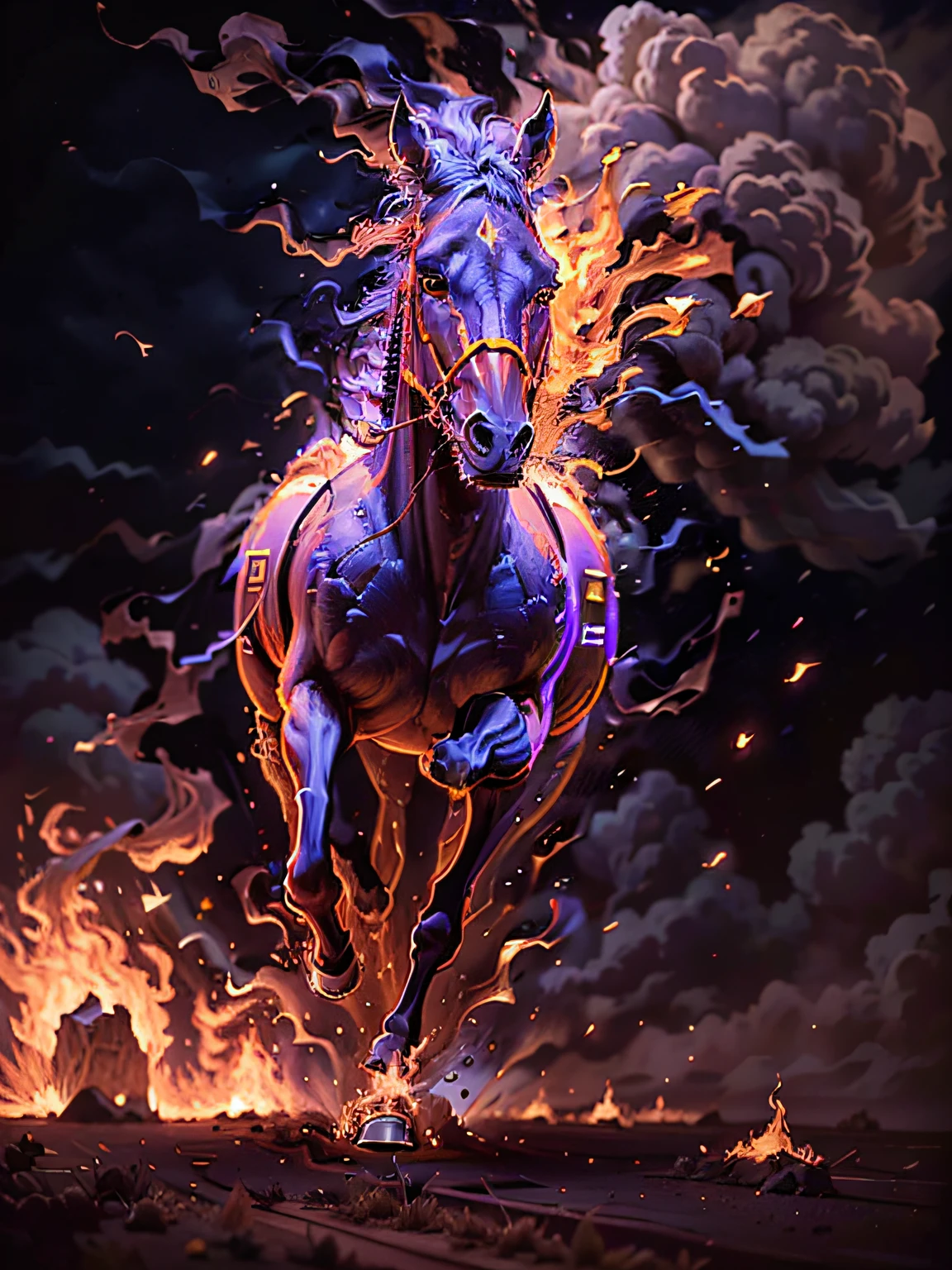 a running horse on fire,(redfire:1.3),
good hand,4k, high-res, masterpiece, best quality, head:1.3,((Hasselblad photography)), sharp focus, (cinematic lighting), collarbone, night, soft lighting, dynamic angle, [:(detailed face:1.2):0.2], outside, city,monochrome background,