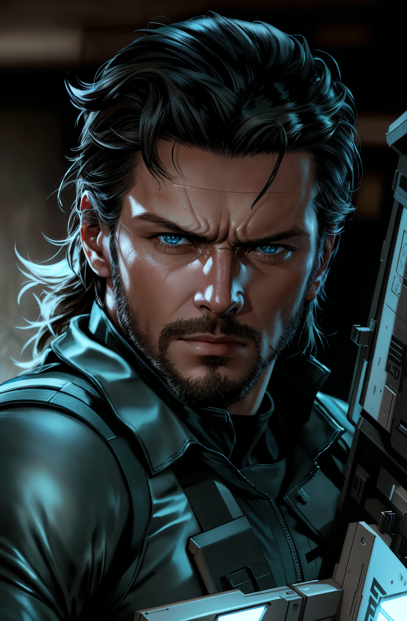 ultra-realistic, cinematic portrait of a young Solid Snake, with large blue eyes, photo-realistic digital art format depicting a close-up scene from the video game Metal Gear Solid - an amazing artwork by the talented Greg Rutkowski rendered in stunning UHD 8k quality.