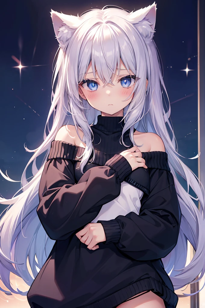 best quality, ultra precision, 1girl, cute, , young, boyish, childish, small breasts, silver hair, cat ears, blue eyes, beautiful eyes, girl, ecstasy, sailor collar, estrus, metestrus, start to undress, naughty mood, she loves you, lost virgin, virgin, blush, beutiful skin big bow on chest I'm not wearing panties (BLUE SWEATER, BLACK SHIRT, SHIRT UNDER SWEATER, OFF SHOULDER TOP)