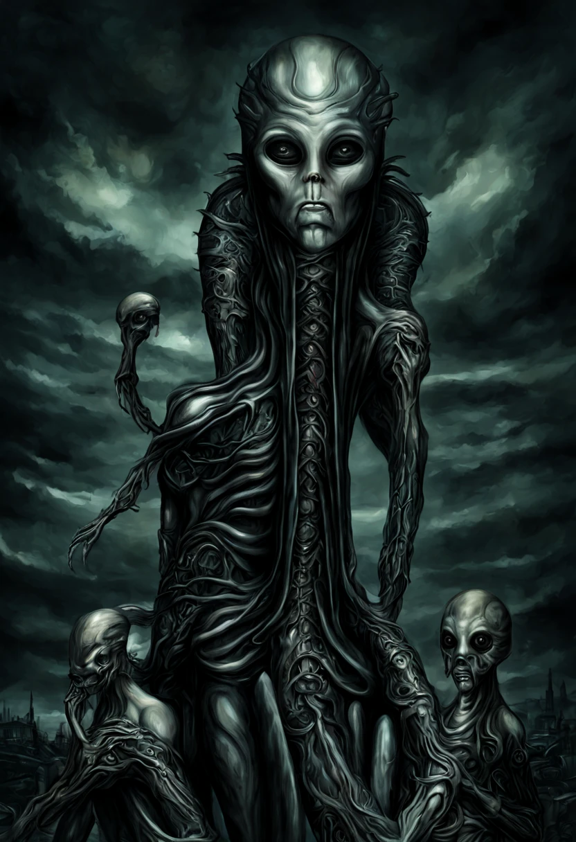 digital painting aliens with H. R. Giger style full amorphous bodies from the alien film cyberpunk city Salvador Dali style surreal and H. R. Giger style