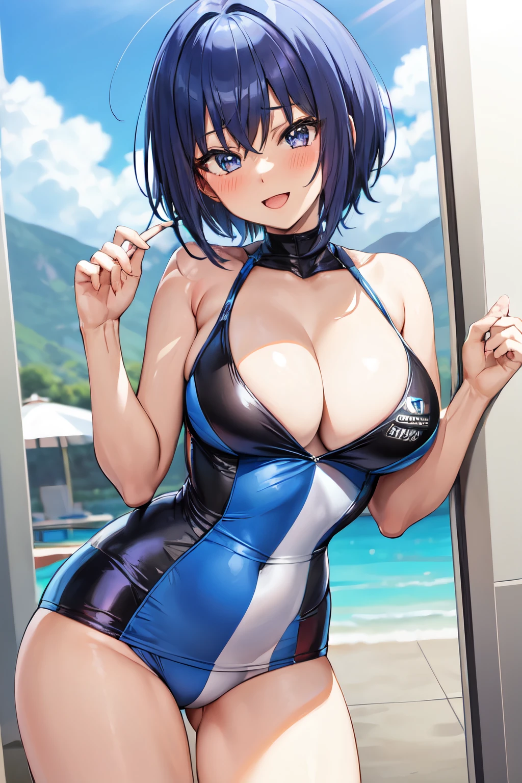 michirutojo, masterpiece, Looking at Viewer,
blue hair, large breasts,
racing suit,
Wink, Smile, Open mouth, blush,