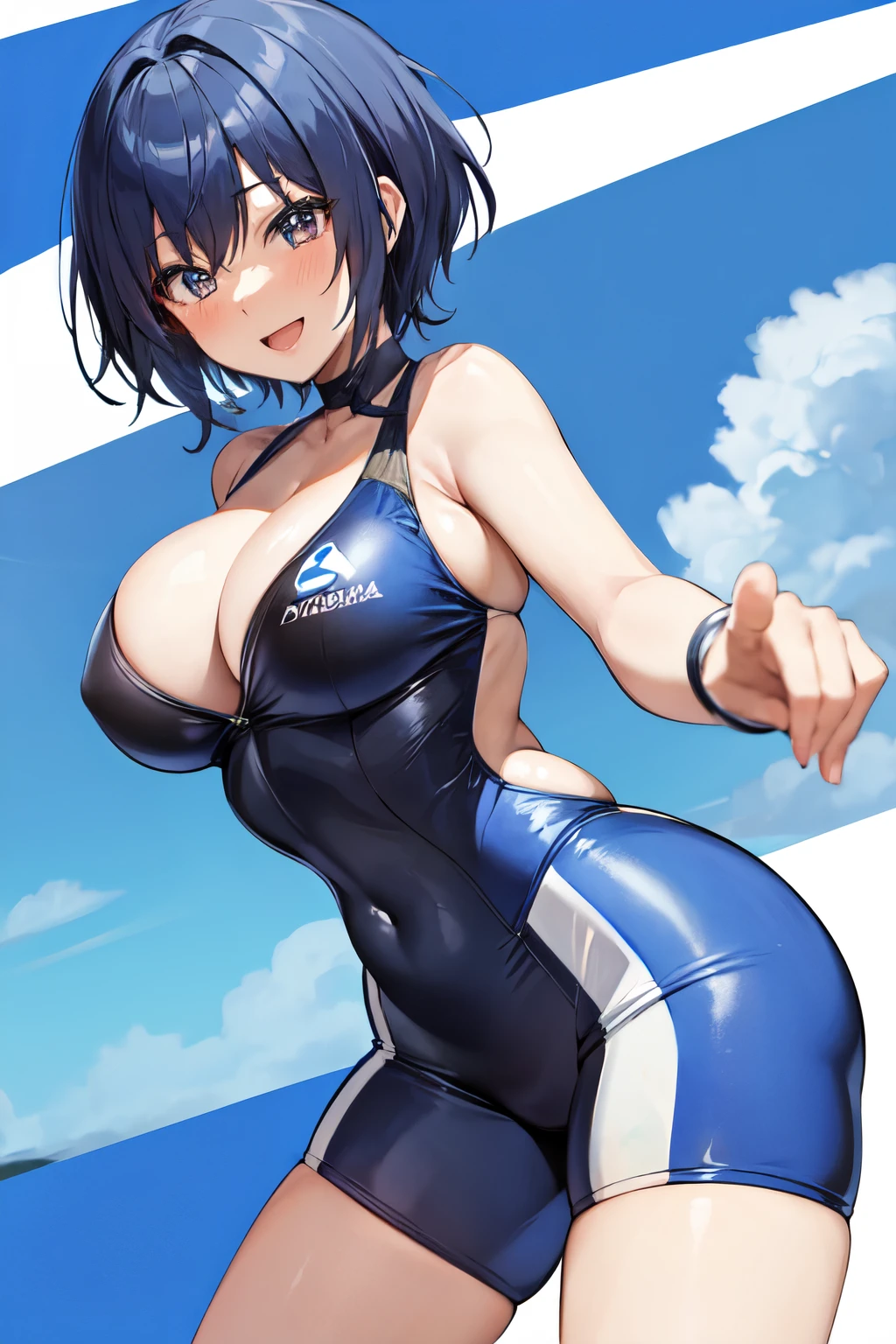michirutojo, masterpiece, Looking at Viewer,
blue hair, large breasts,

racing suit,
Wink, Smile, Open mouth, blush,