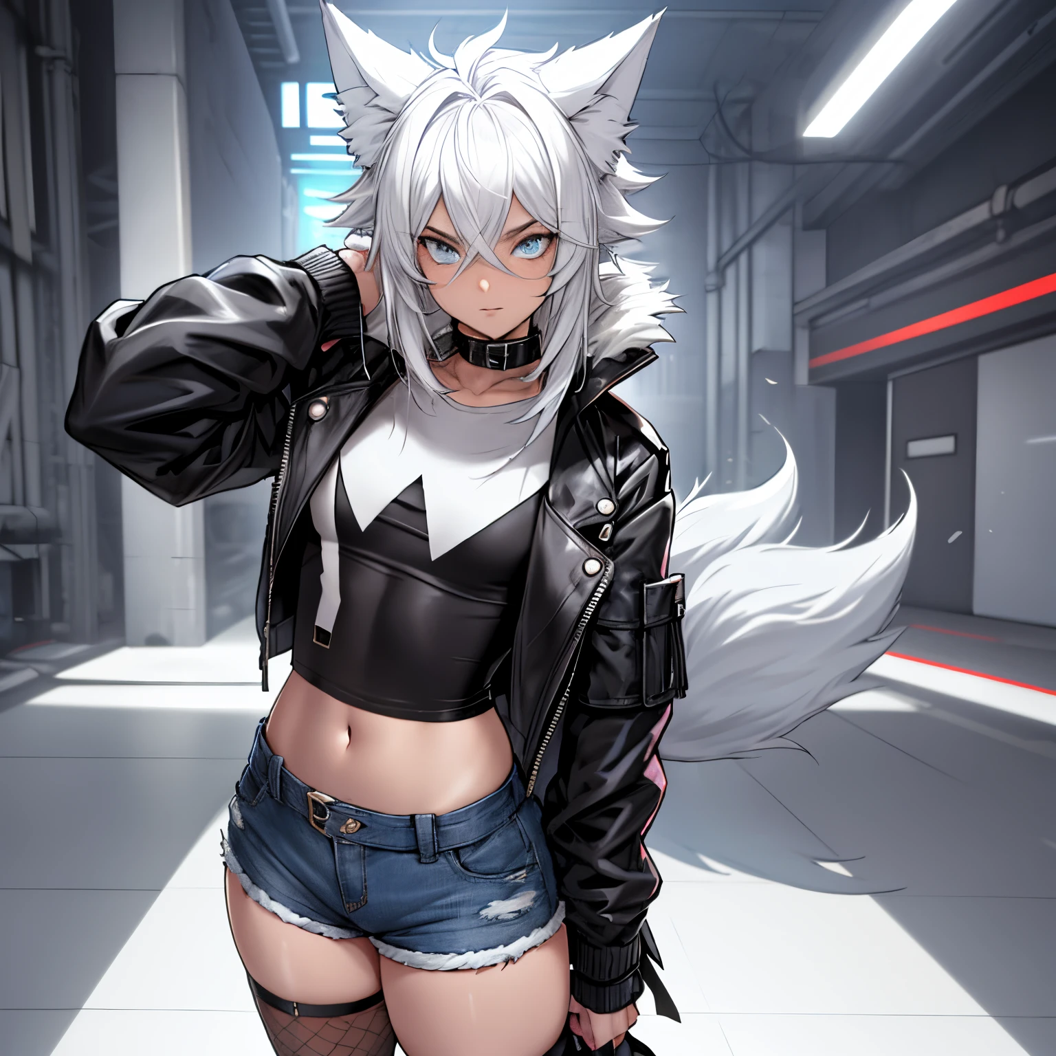 Single boy, Anime Femboy, Short, Long white hair, wolf ears, wolf tail, blue eyes, wearing short denim shorts, thigh high fishnets, black combat boots, wearing fur lined open jacket, flat chest, super flat chest, wearing cropped t-shirt, solo femboy, only one femboy ((FLAT CHEST)) solo, alone, (SOLO)(ALONE) thicc thighs, wide hips, blue eyes, perfect eyes, perfect face, pouty lips, happy