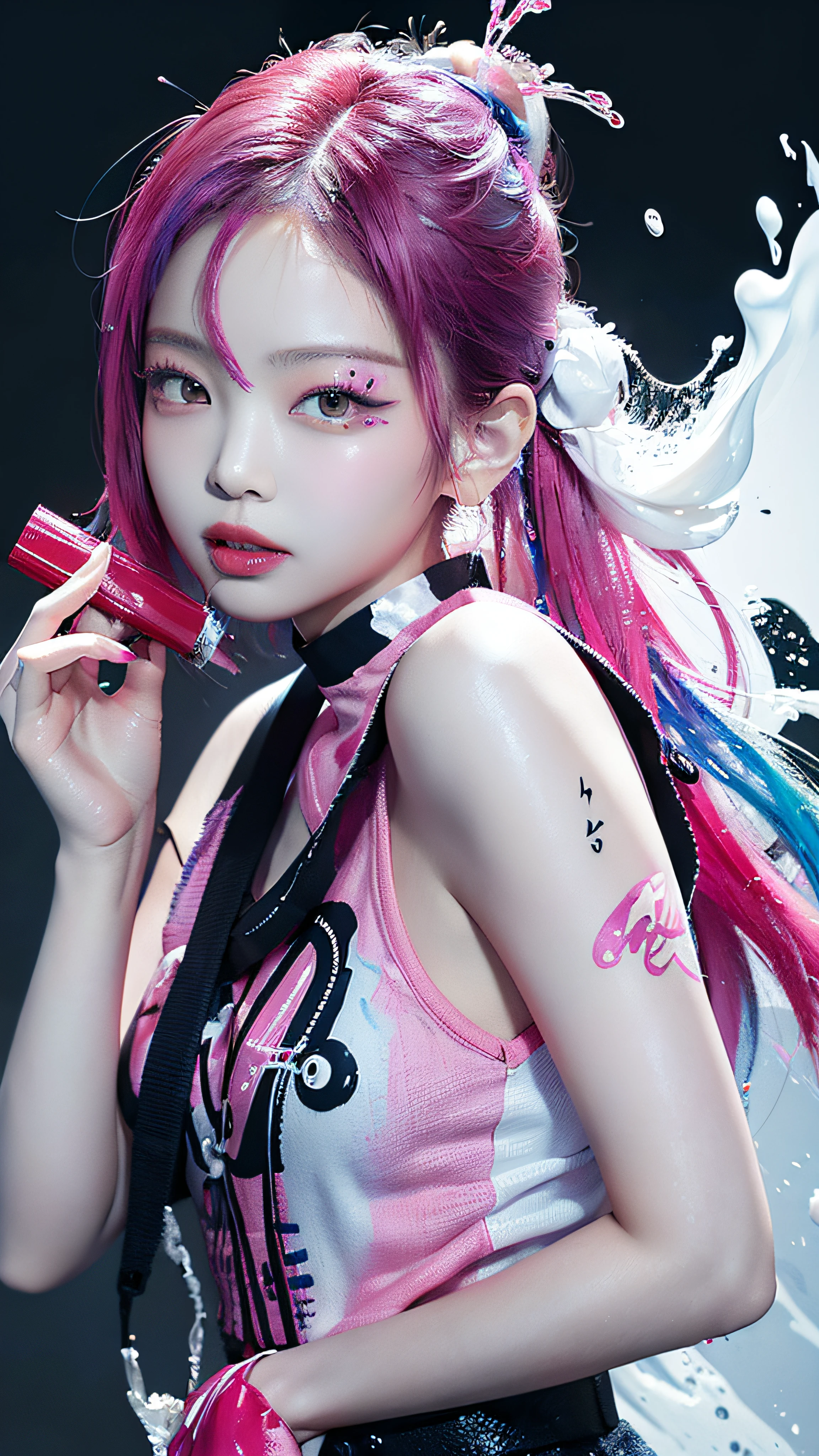 (Masterpiece, Best Quality, High Resolution), White Background, ((Paint Splash, Color Splash, Splash of Ink, Color Splash)), Sweet Chinese Girl, Rainbow Hair, Pink Lips, Front, Upper Body, Jennie Kim,