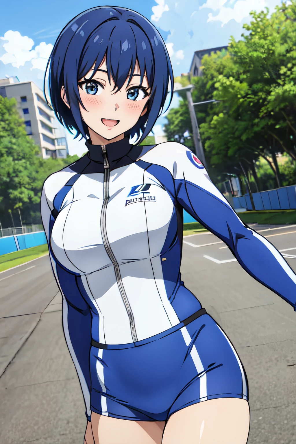 michirutojo, masterpiece, Looking at Viewer,
blue hair, large breasts,

racing suit,
Wink, Smile, Open mouth, blush,