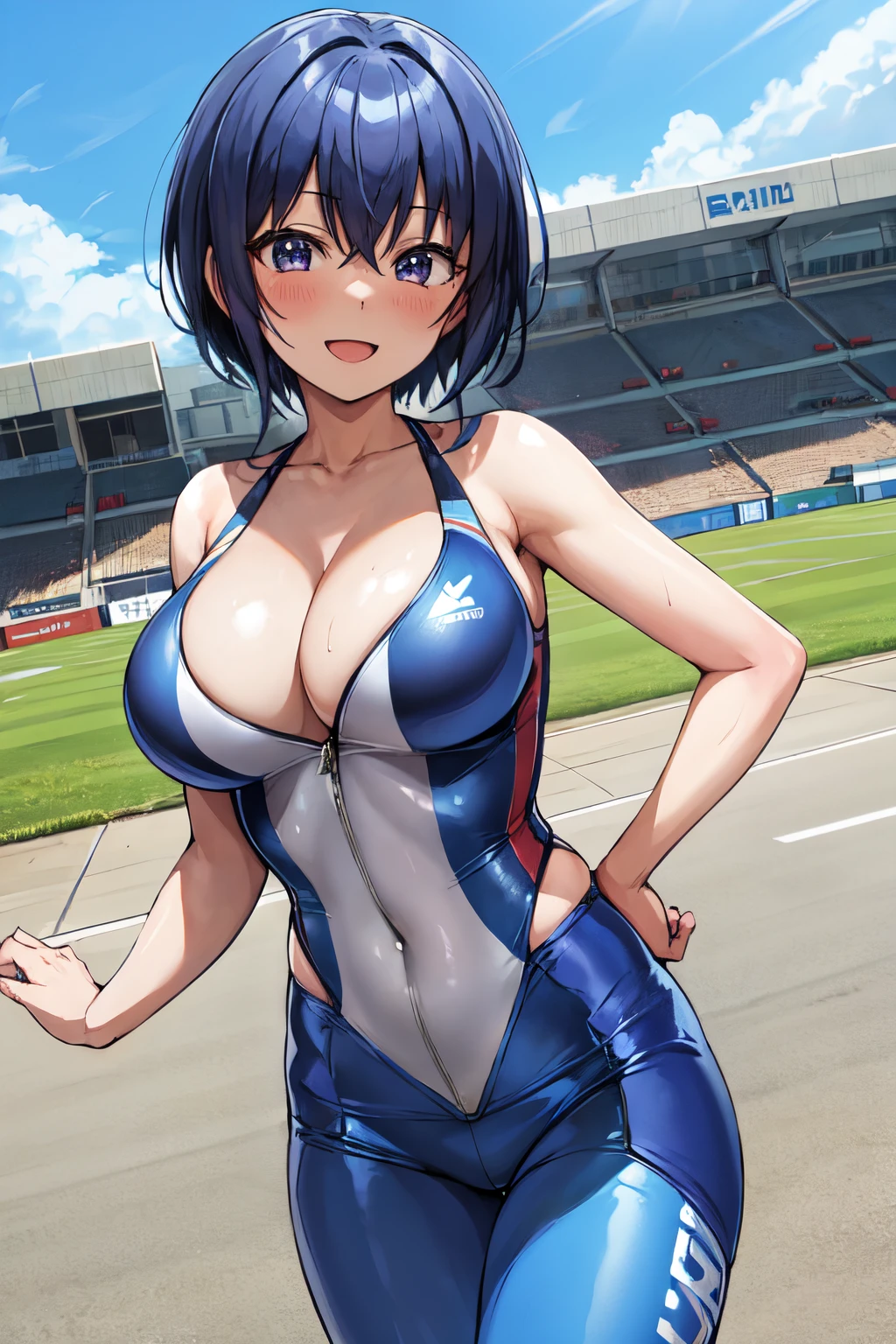 michirutojo, masterpiece, Looking at Viewer,
blue hair, large breasts,

racing suit,
Wink, Smile, Open mouth, blush,