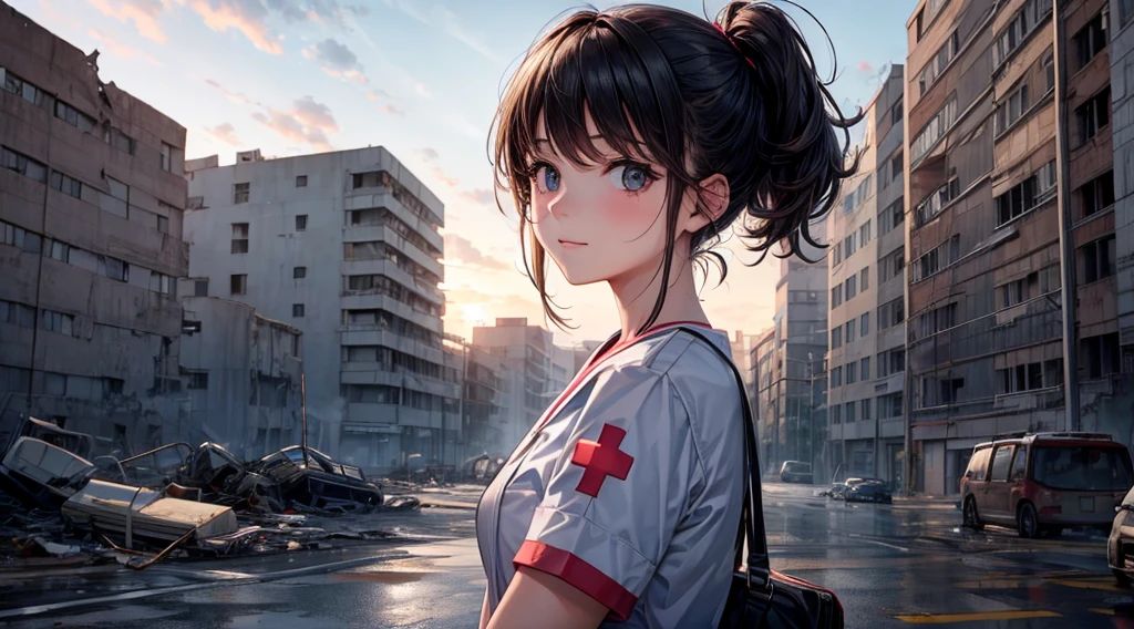 (1girl), nurse, A girl is staring, with a destroyed hospital in the background, look at viewer, no_smile