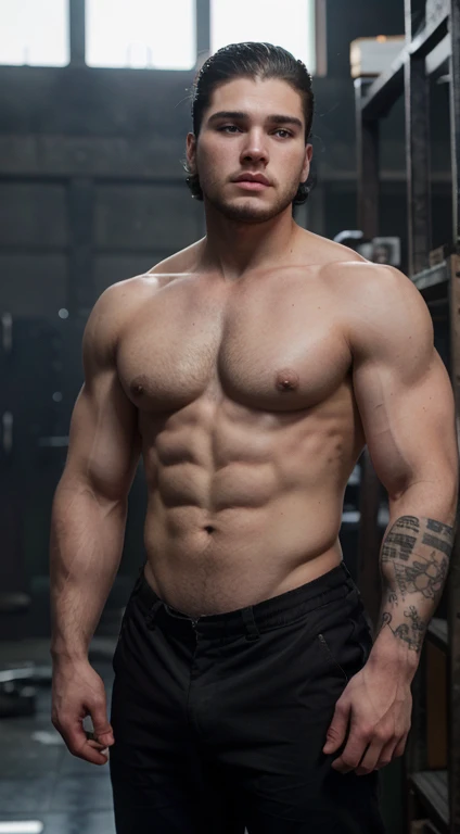 Jon snow, 20 years old,low taper fade hair, grey's eyes, affiliated features, height 1.93, weight 90 kg, muscular and athletic build, broad shoulders, v-shaped body, wolf tribal tattoos