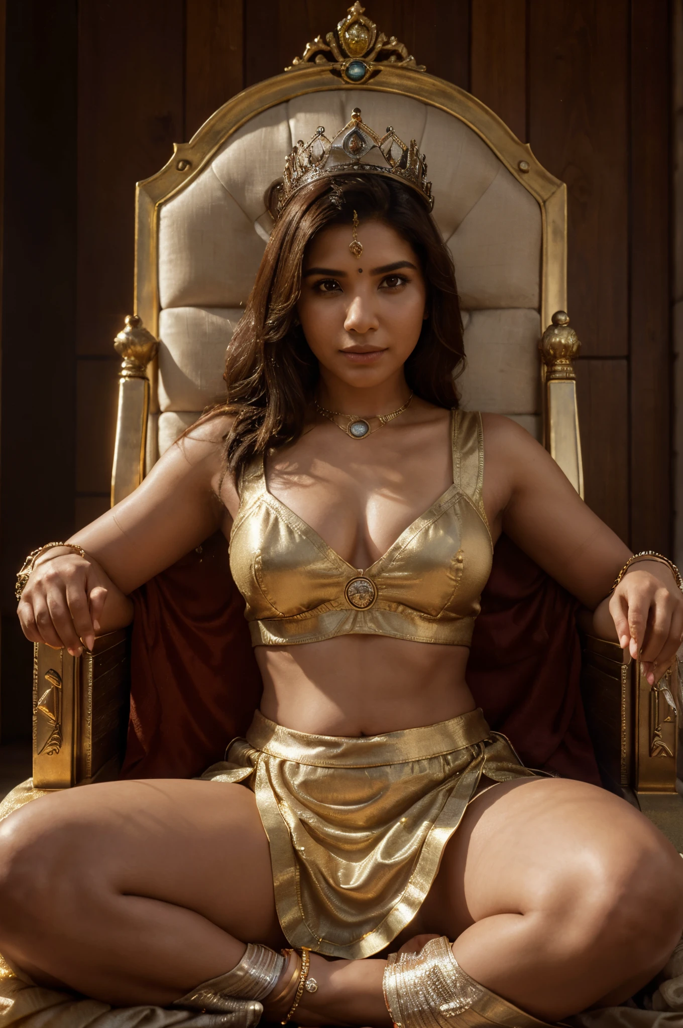 portrait of Samantha Ruth Prabhu actress in a role of indian, face of samantha ruth prabhu, queen is exact lookalike of samantha ruth prabhu, queen sitting in a crown place , light ray, depth lightning, ultra detail,UHD, octane render, ultra realstic proper (body parts, eyes, hands, mouth,nose, fingerull body view,two lions beside her ,holding magic weapon on her hand ,magic power ,glowing steel crown ,silk fabric dress,
