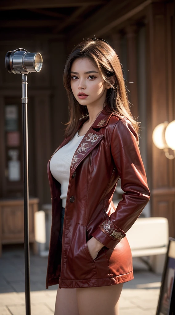 ((( Show full model from viewers))((master-piece))), (((beste-Qualit))), ((Very detail)), (Exaggerated.), (highly detailed CG illustration), Cinematic lighting, As realistic as a photo ,Very beautiful girl., (Beautiful face and lips), Light makeup, Big breasts, Intricately detailed images, Red coat, sword, Trending on artstation (Show full standing action pose.) (Realistic, movie look) (Low Angle) (realistic background)(Use a 200mm focus lens. Aperture f 2.0)(Full show of 2 legs)