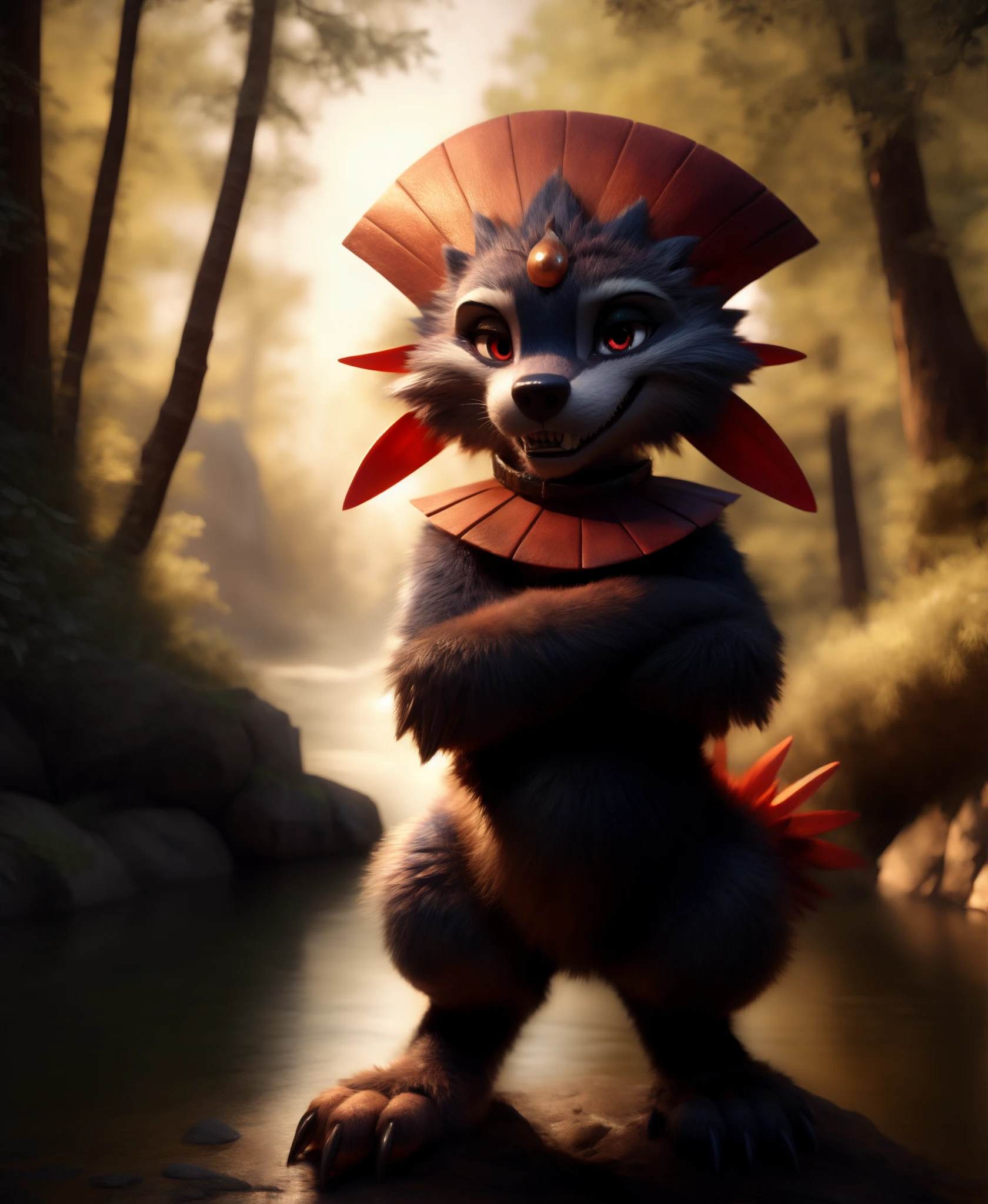 standing, ccowboy shot, claws, front view, (side_view:0.25), looking at viewer, (shortstack), eyelashes, smug look, summer forest, 
Pokemon, Weavile, red eyes, (bluish fur), (collar:0.7), (anthro_female:0.7), grin, naughty, body fur, fluffy, 
 best quality, high quality,
 einshelm,, detailed face, (high quality:1.2), masterpiece, detailed, highres, 4k, sharp focus