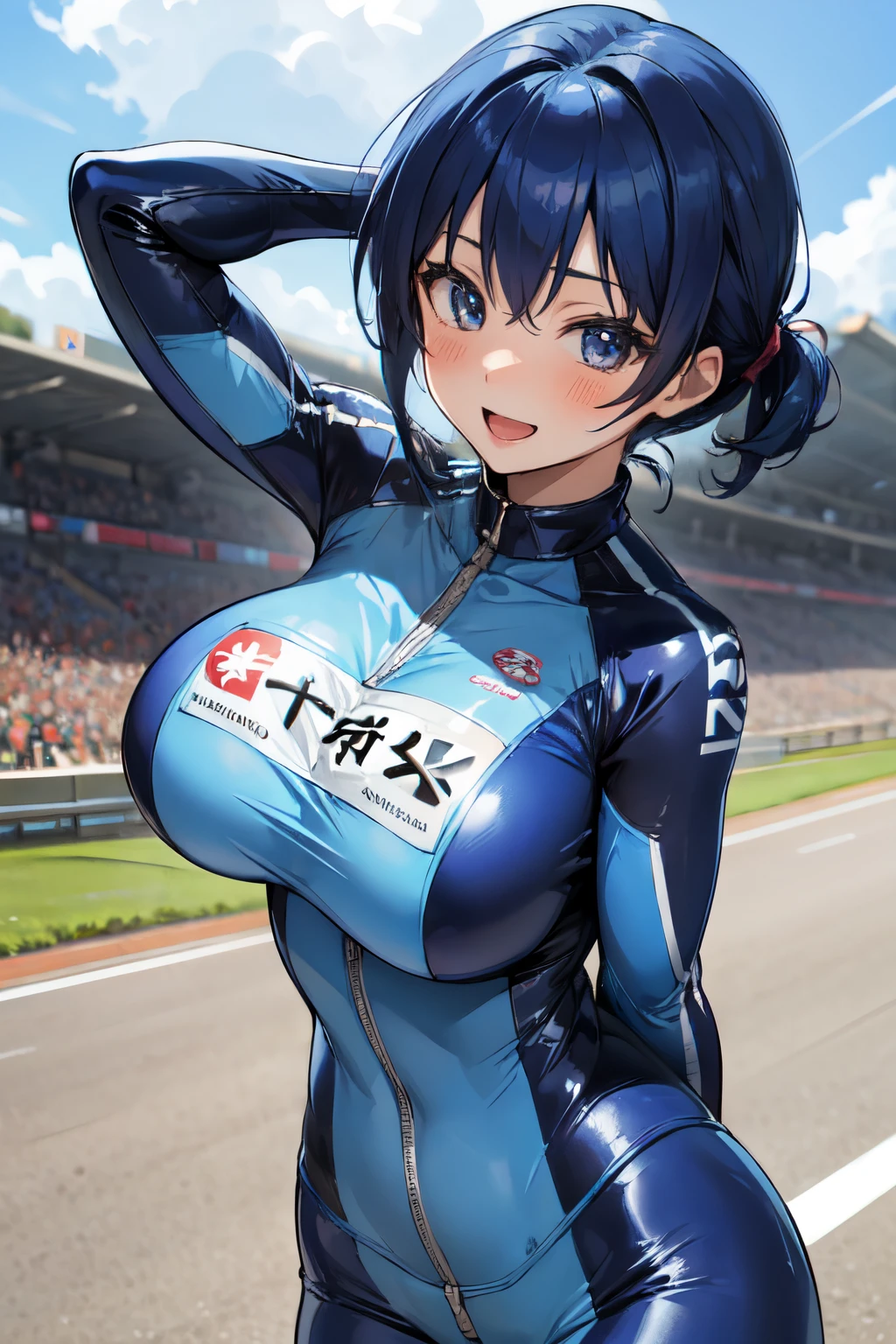 michirutojo, masterpiece, Looking at Viewer,
blue hair, large breasts,

racing suit,
Wink, Smile, Open mouth, blush,