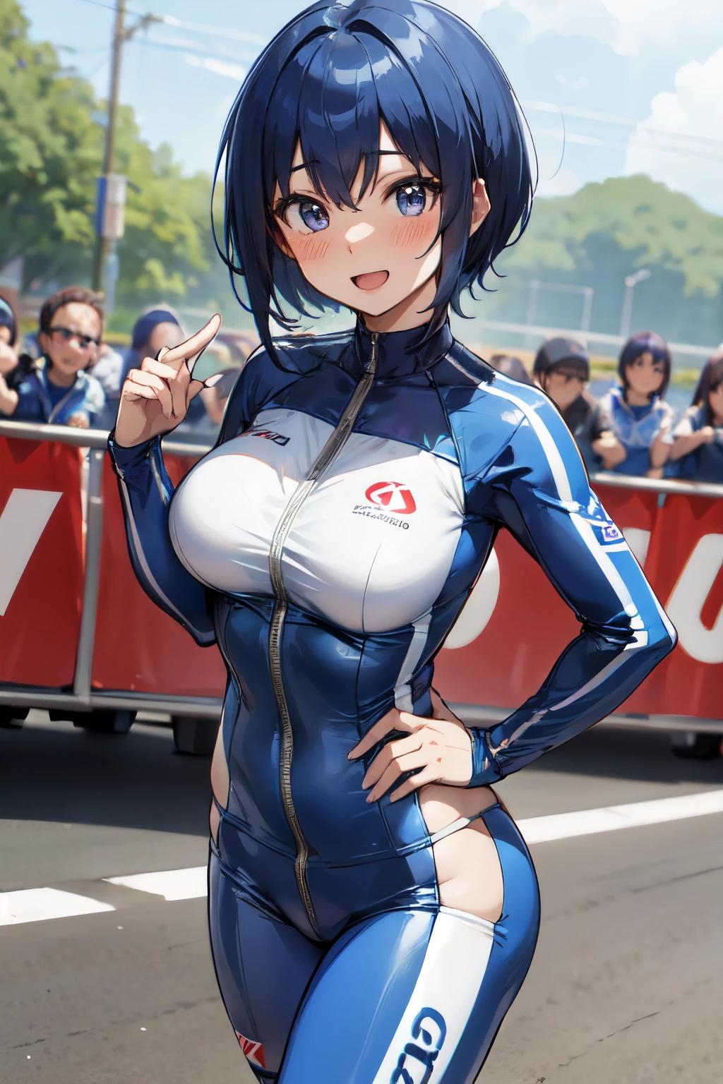 michirutojo, masterpiece, Looking at Viewer,
blue hair, large breasts,

racing suit,
Wink, Smile, Open mouth, blush,