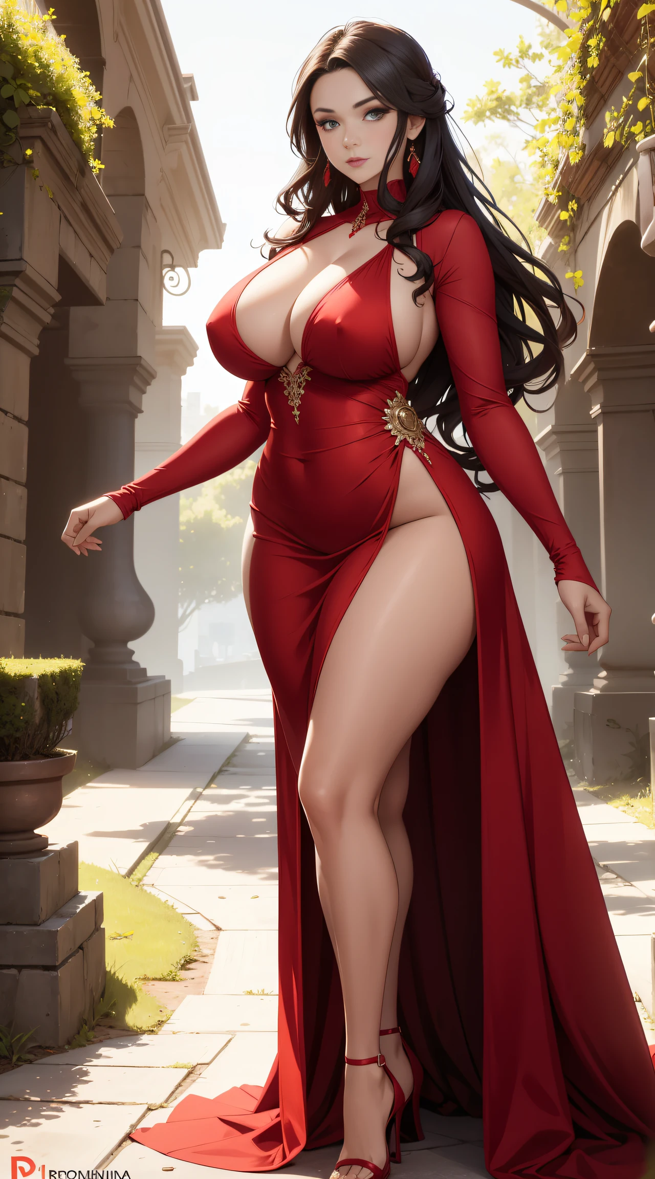 araffe woman in a red dress, magical outdoor location, lorena avarez, perfect body, green eyes, in a red dress, sexy red dress with massive slit in the centre revealing sexy legs, wearing a longv red dress, wearing a long red dress, tight dress, curvy hourglass figure, woman wears a long red dress, curvy model, long red dress, irina nordsol kuzmina, profile pic, curvy figure, huge breasts, tall, sexy pose.