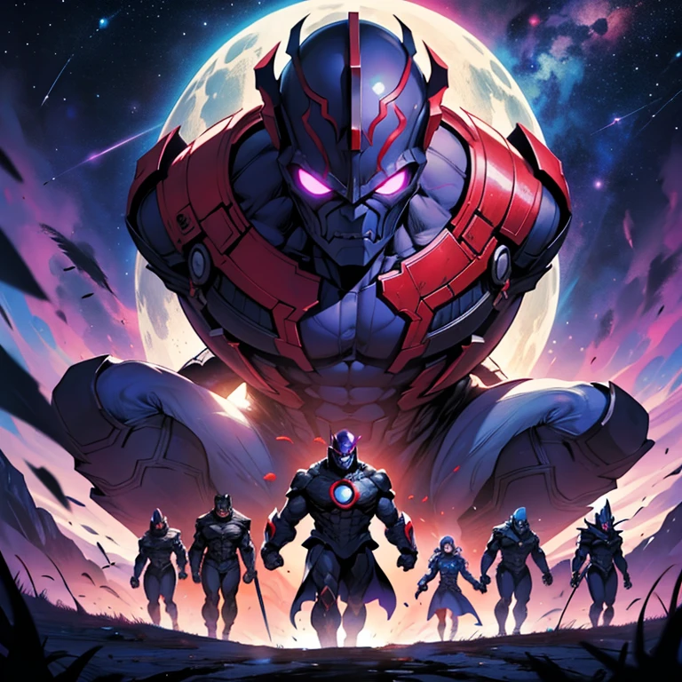 um close de um homem com uma capa vermelha e um terno azul, Darkseid, dark supervillain, Novos Deuses, fundo surpreendente, Galactus, epic comic book style, thanos style traits, Eternos, Personagens dos quadrinhos da Marvel, inspirado em Paul Pelletier, Galactus!!!!, sem texto, epic full color illustration