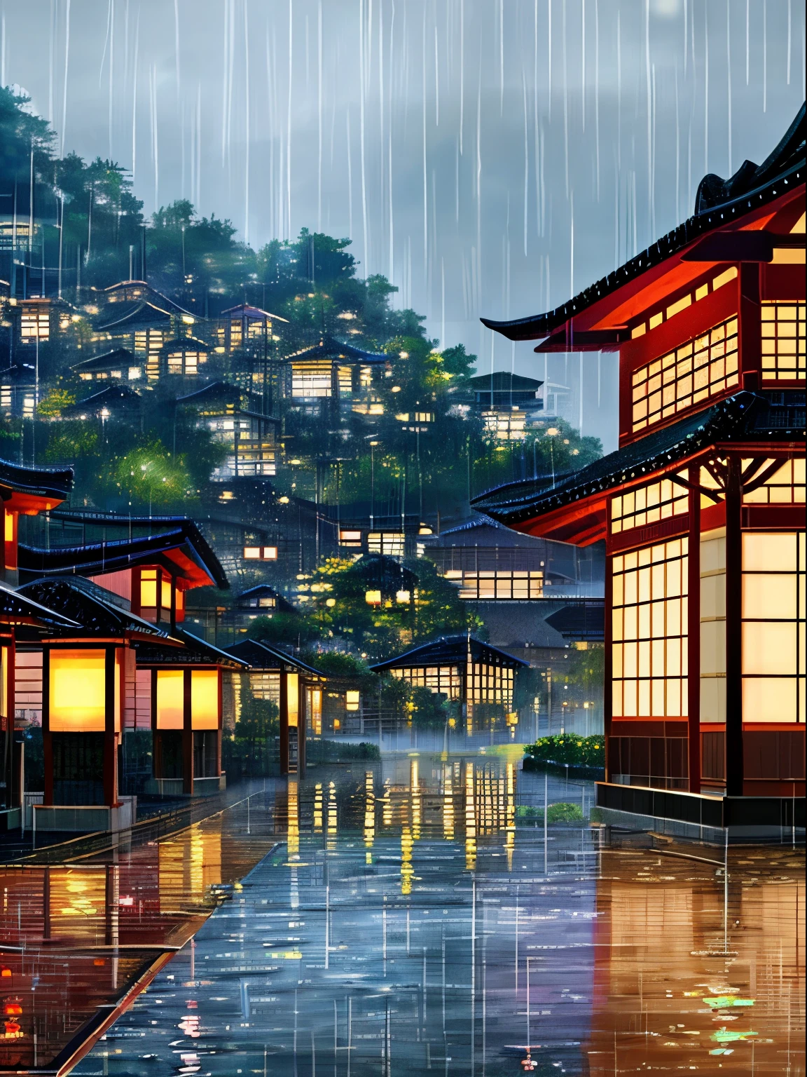 A Japanese city and rain falling on it (delicate details)painter'S style