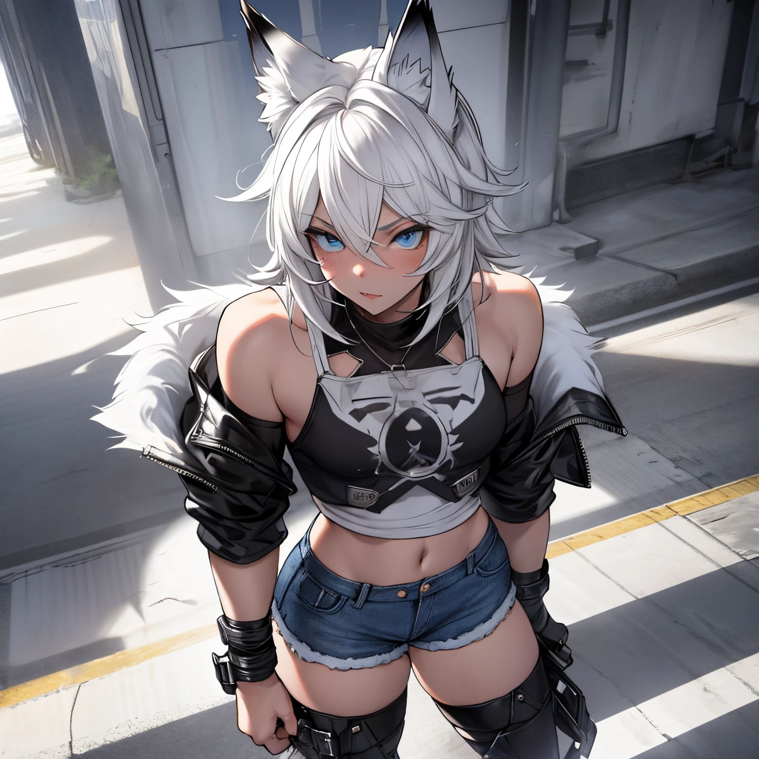 Single boy, Anime Femboy, Short, Long white hair, wolf ears, wolf tail, blue eyes, wearing short denim shorts, thigh high fishnets, black combat boots, wearing fur lined open jacket, flat chest, super flat chest, wearing cropped t-shirt, solo femboy, only one femboy ((FLAT CHEST)) solo, alone, (SOLO)(ALONE) thicc thighs, wide hips, blue eyes, perfect eyes, perfect face, pouty lips, happy